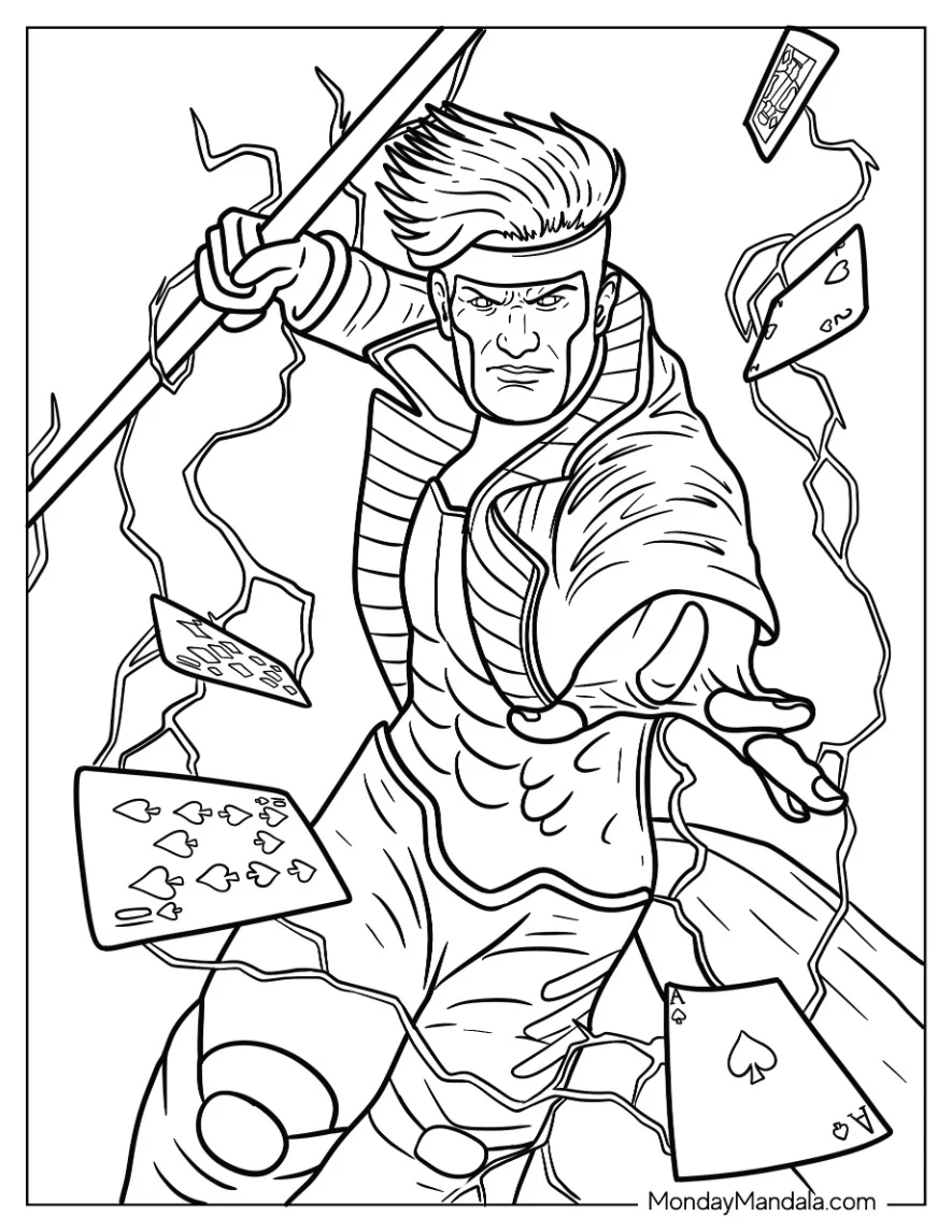X-Men Coloring Page Of Detailed Gambit With His Cards coloring page