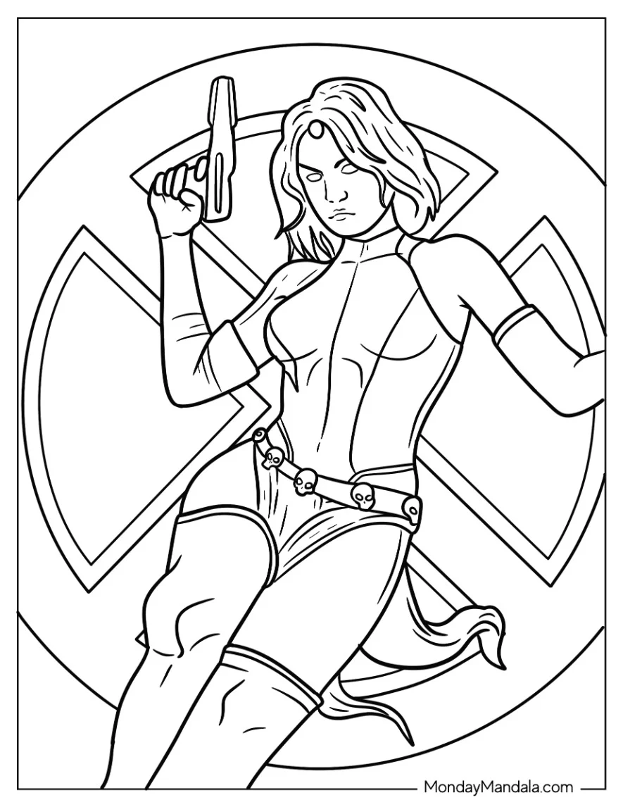 X-Men Coloring Page Of Mystique Holding Gun In The Air coloring page — printable line art