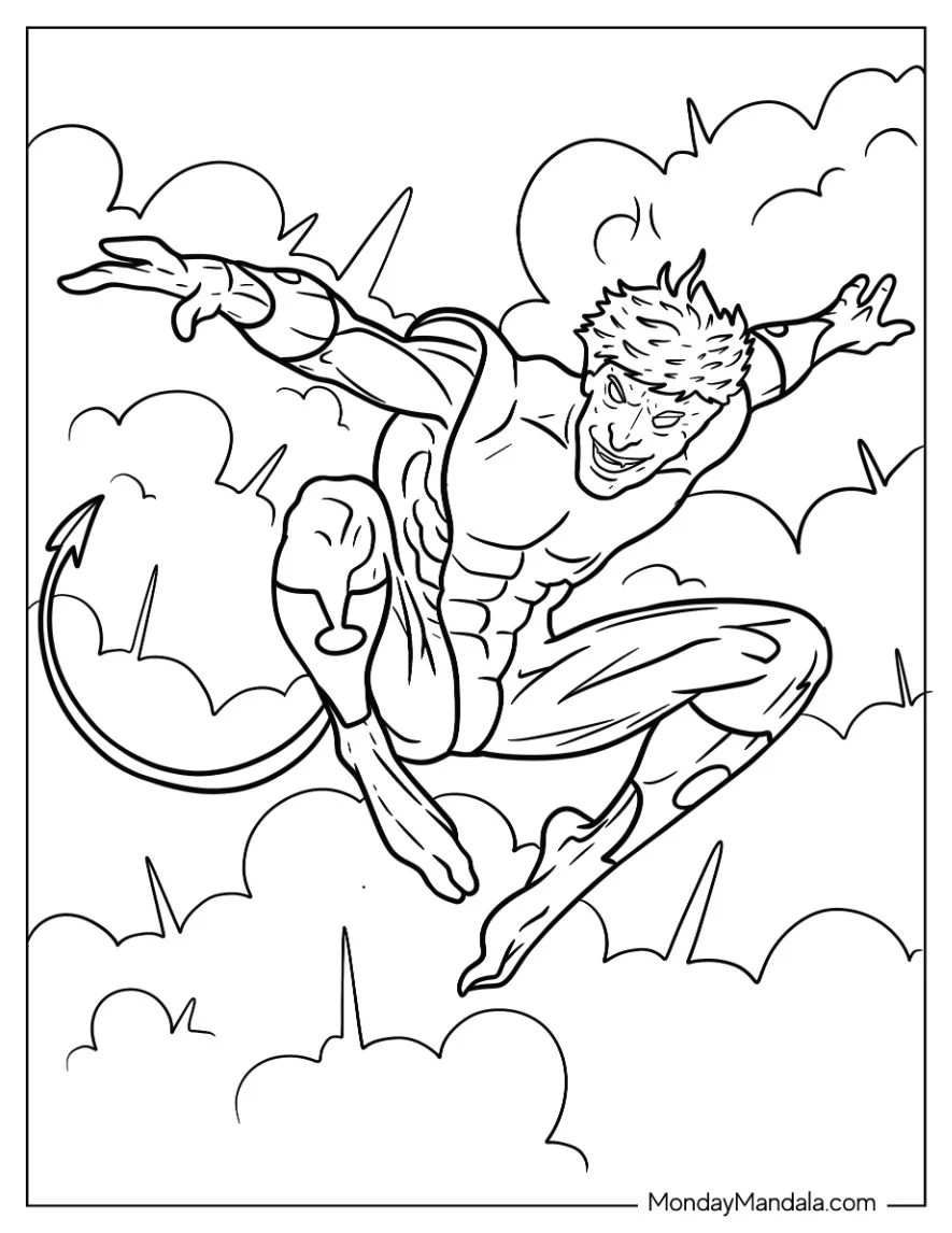 X-Men Coloring Page Of Nightcrawler Leaping Above Smoke coloring page
