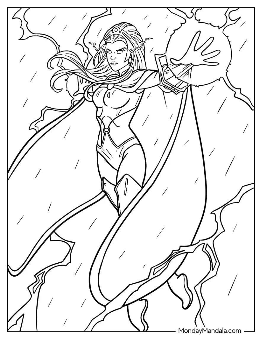 X-Men Coloring Page Of Storm Flying In The Sky With Lightning In Her Hands coloring page