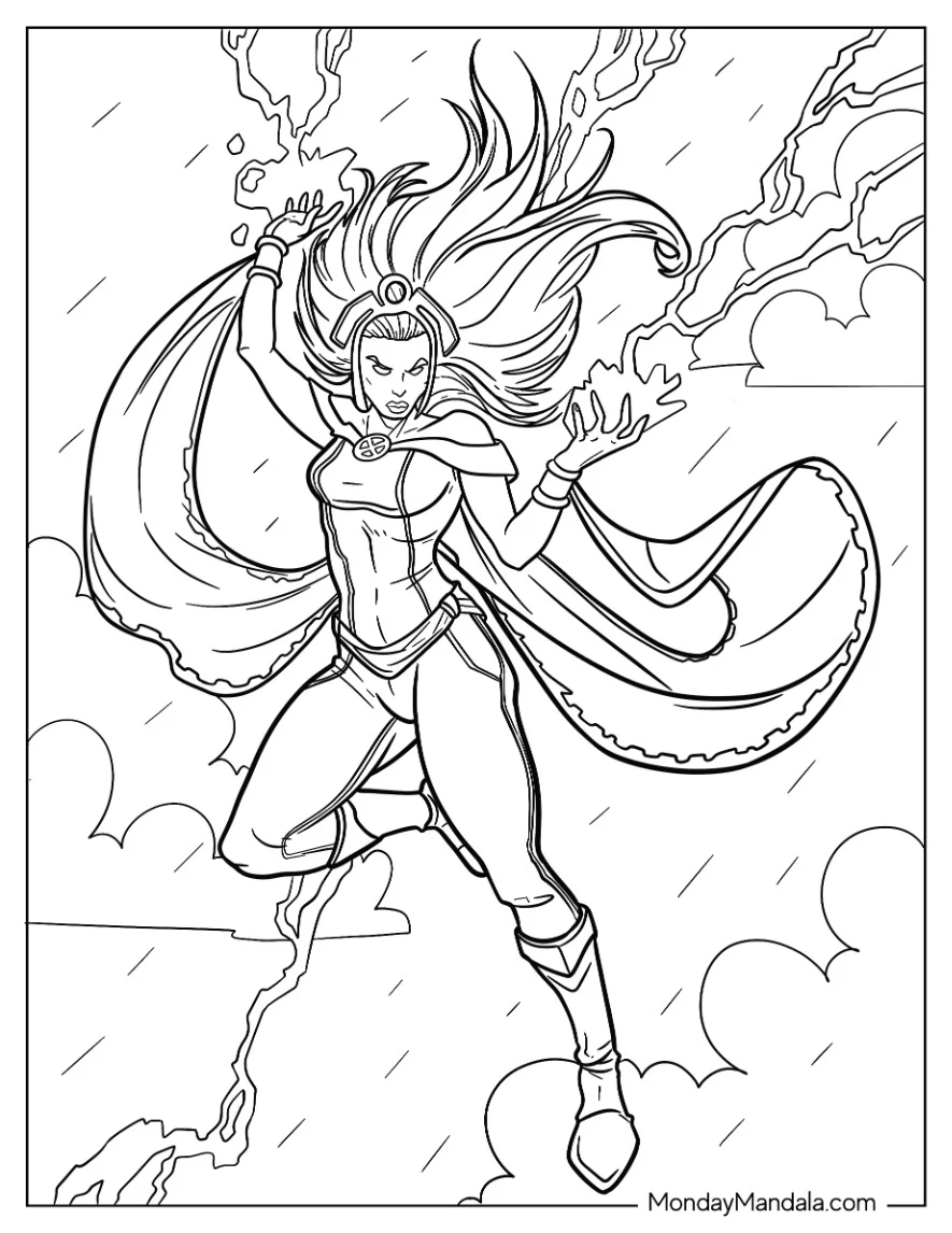 X-Men Coloring Page Of Storm Summoning Lightning In The Rain coloring page