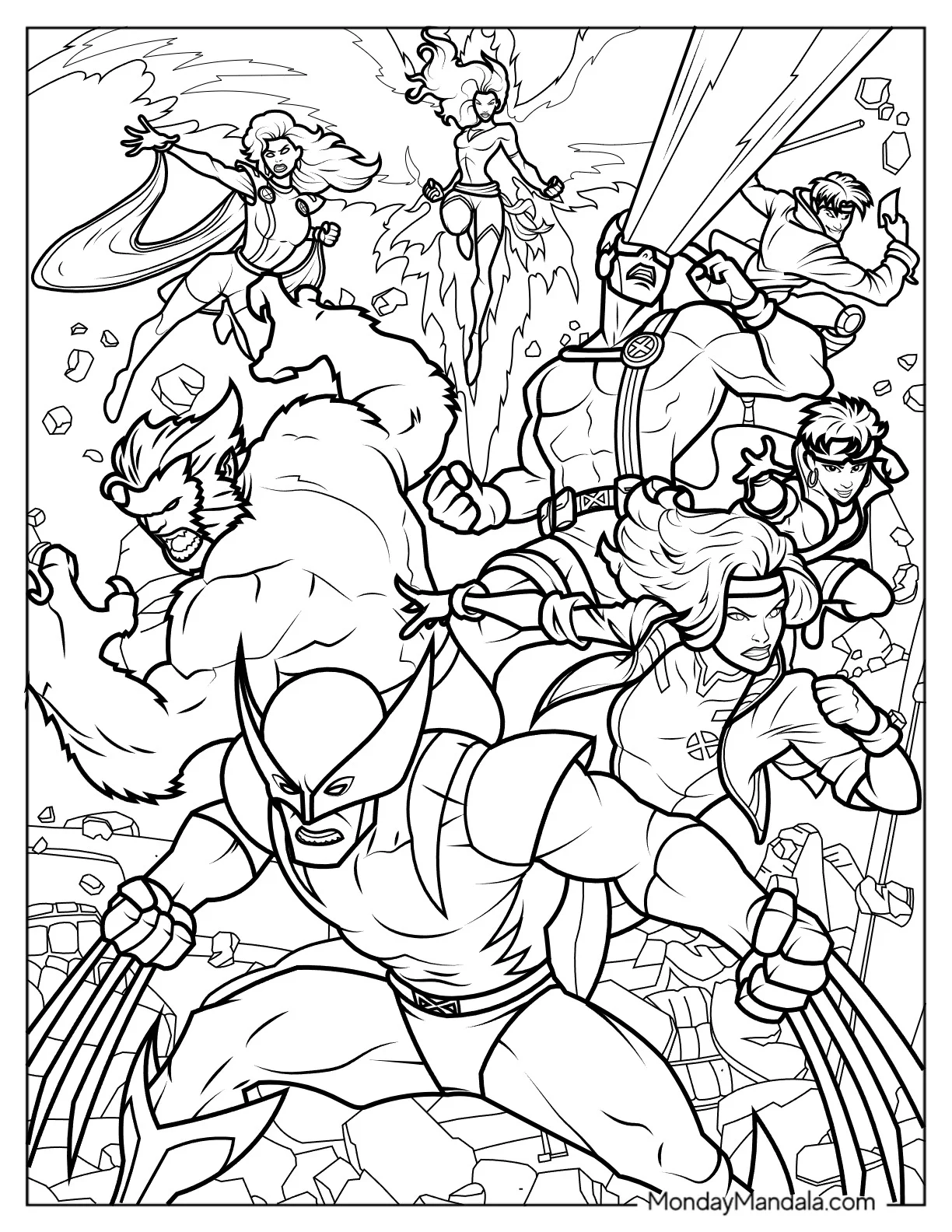 X-Men Coloring Page Of Wolverine, Cyclops, Phoenix, Storm, Rogue, Beast, Jubilee, And Gambit coloring page
