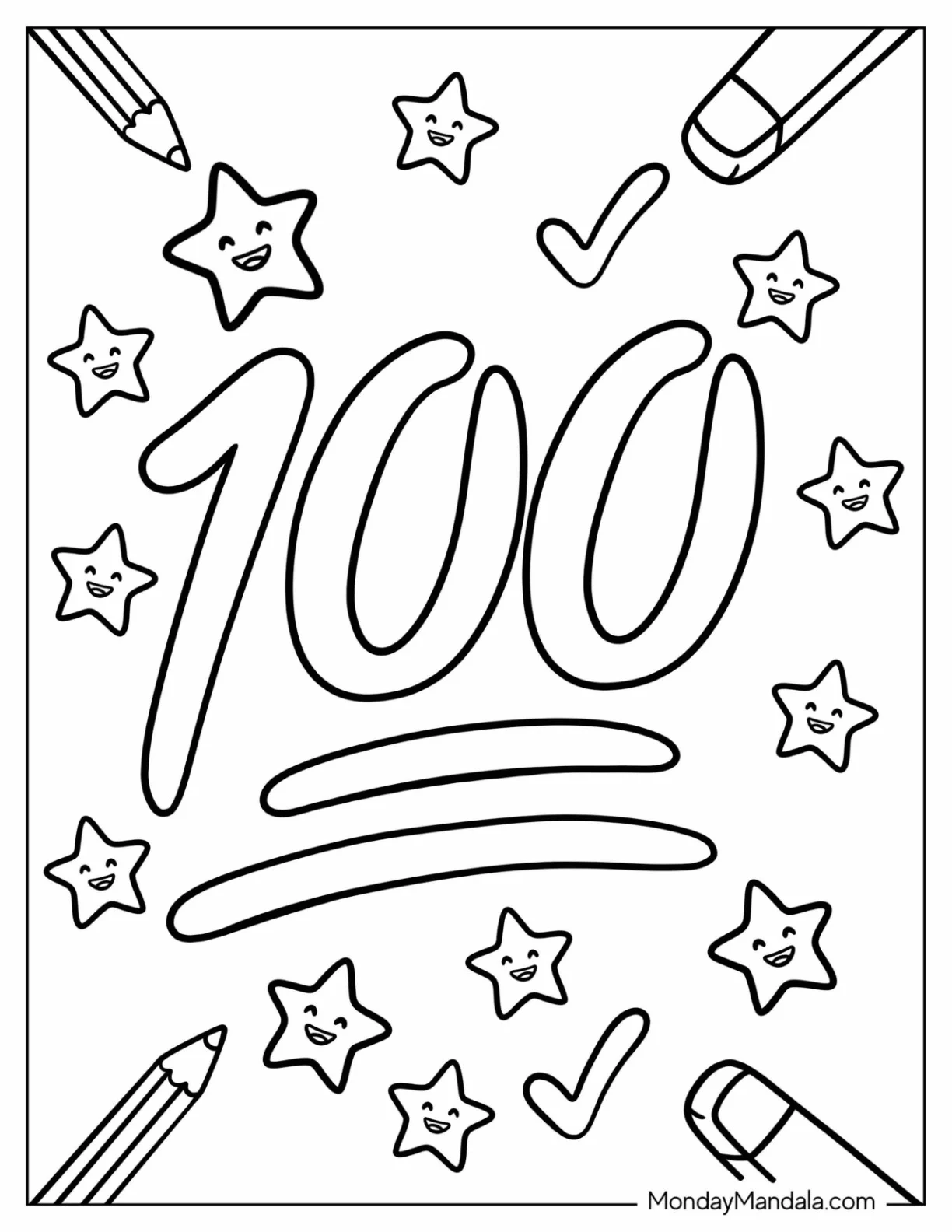 100 Emoji Coloring Page with Stars for Kids coloring page — printable line art