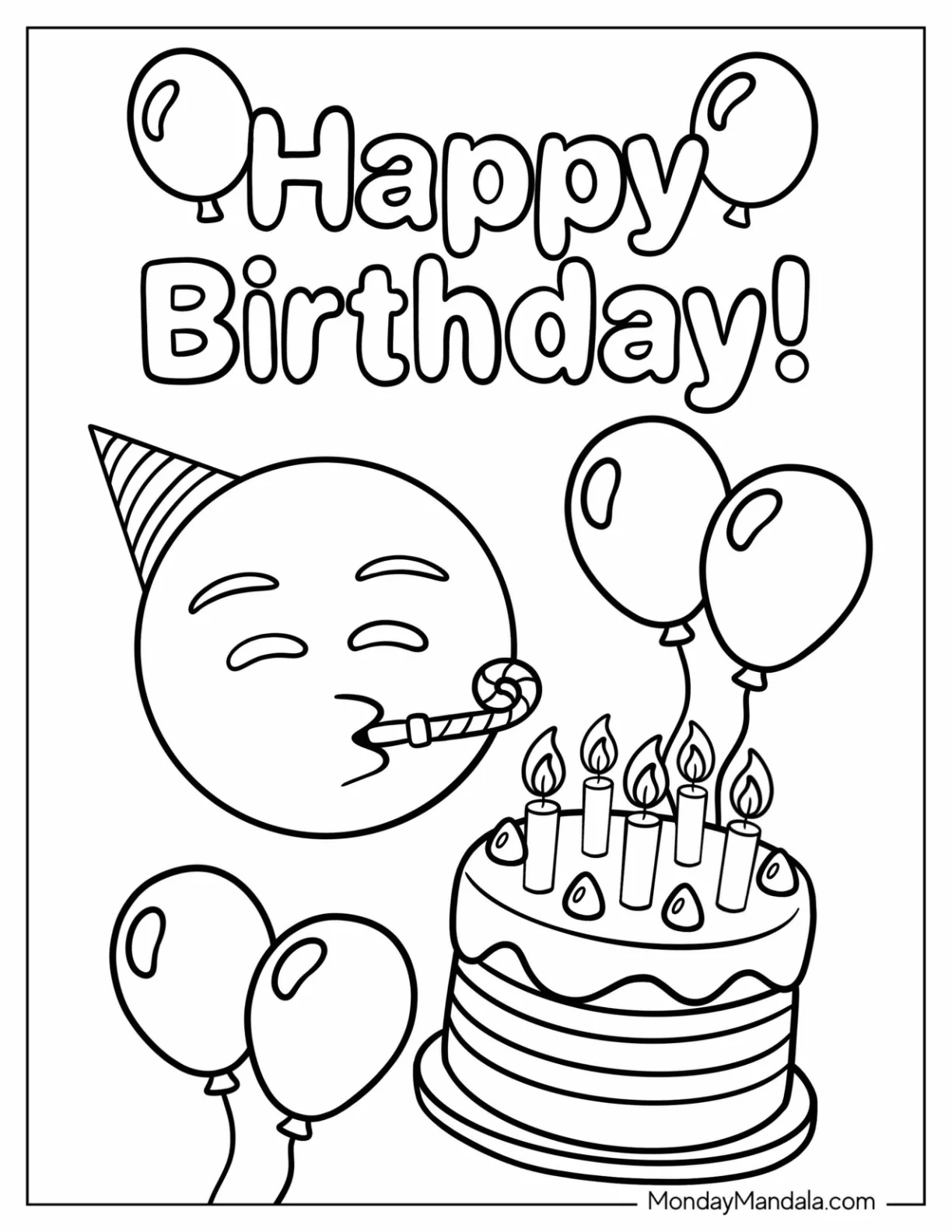 Birthday Emoji Coloring Page with Cake and Balloons coloring page