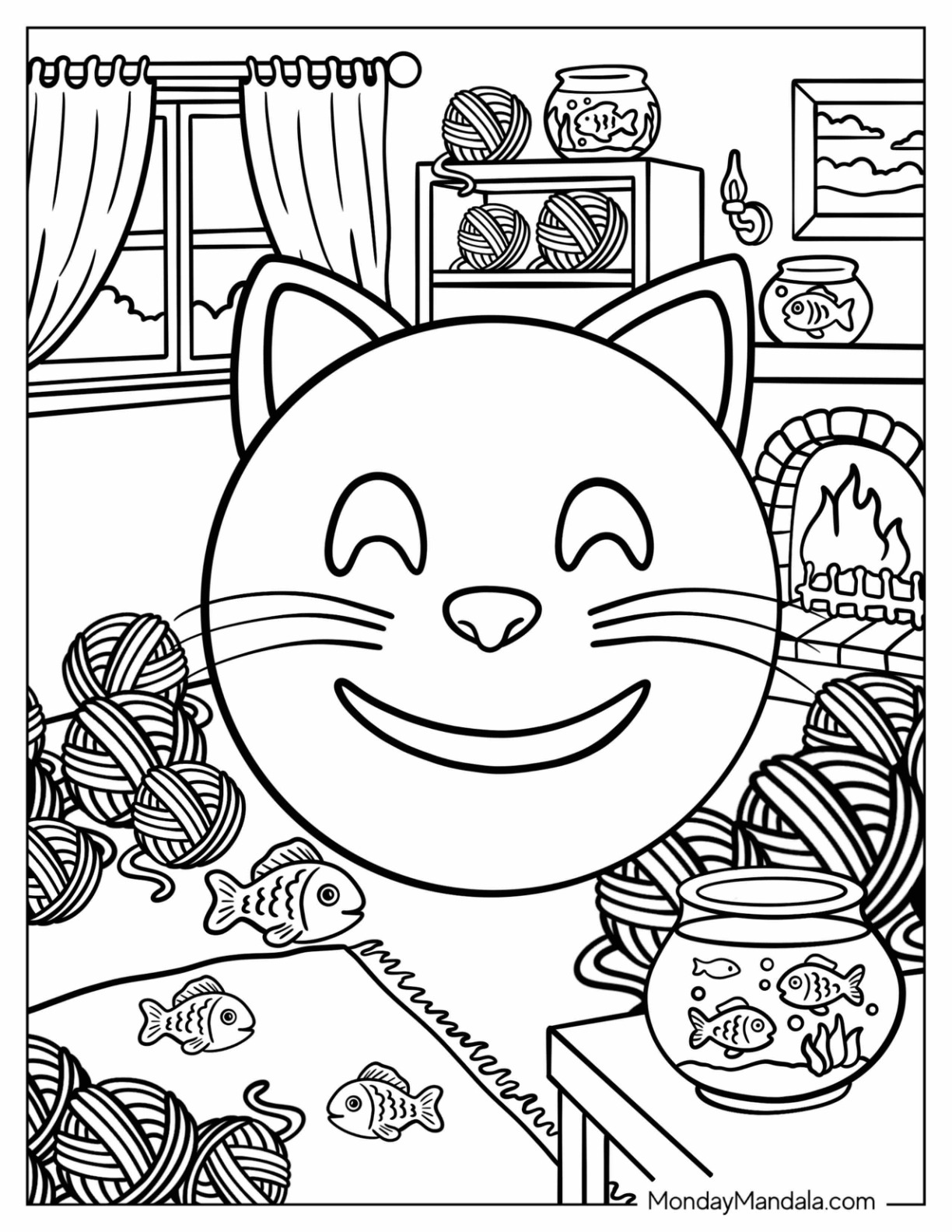 Cat Emoji Coloring Page in a Cozy Room coloring page