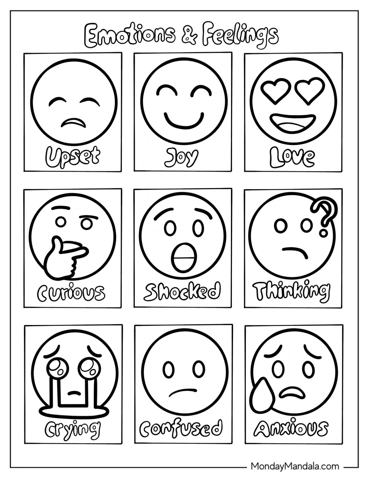 Emoji Coloring Page Of Emotions And Feelings List For Kids coloring page — printable line art