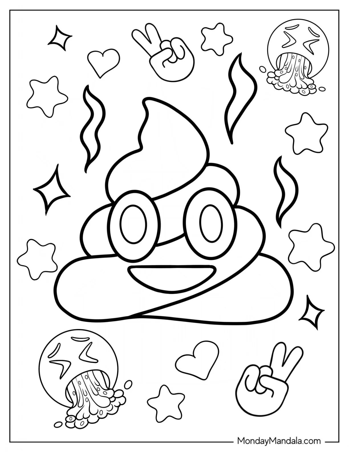 Emoji Coloring Page Of Poop Emoji With Peace Sign And Vomiting Face coloring page