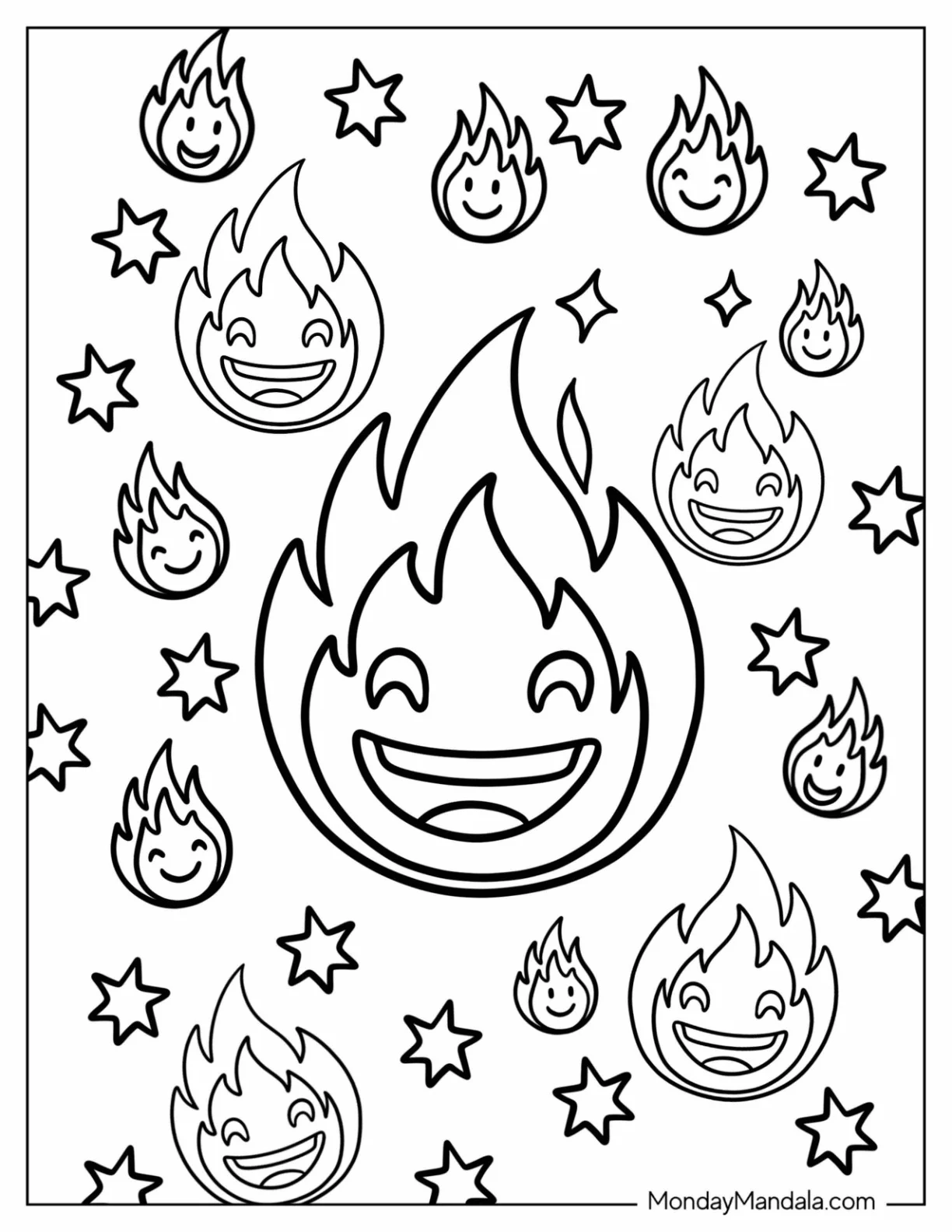 Fire Emoji Coloring Page with Stars for Kids coloring page