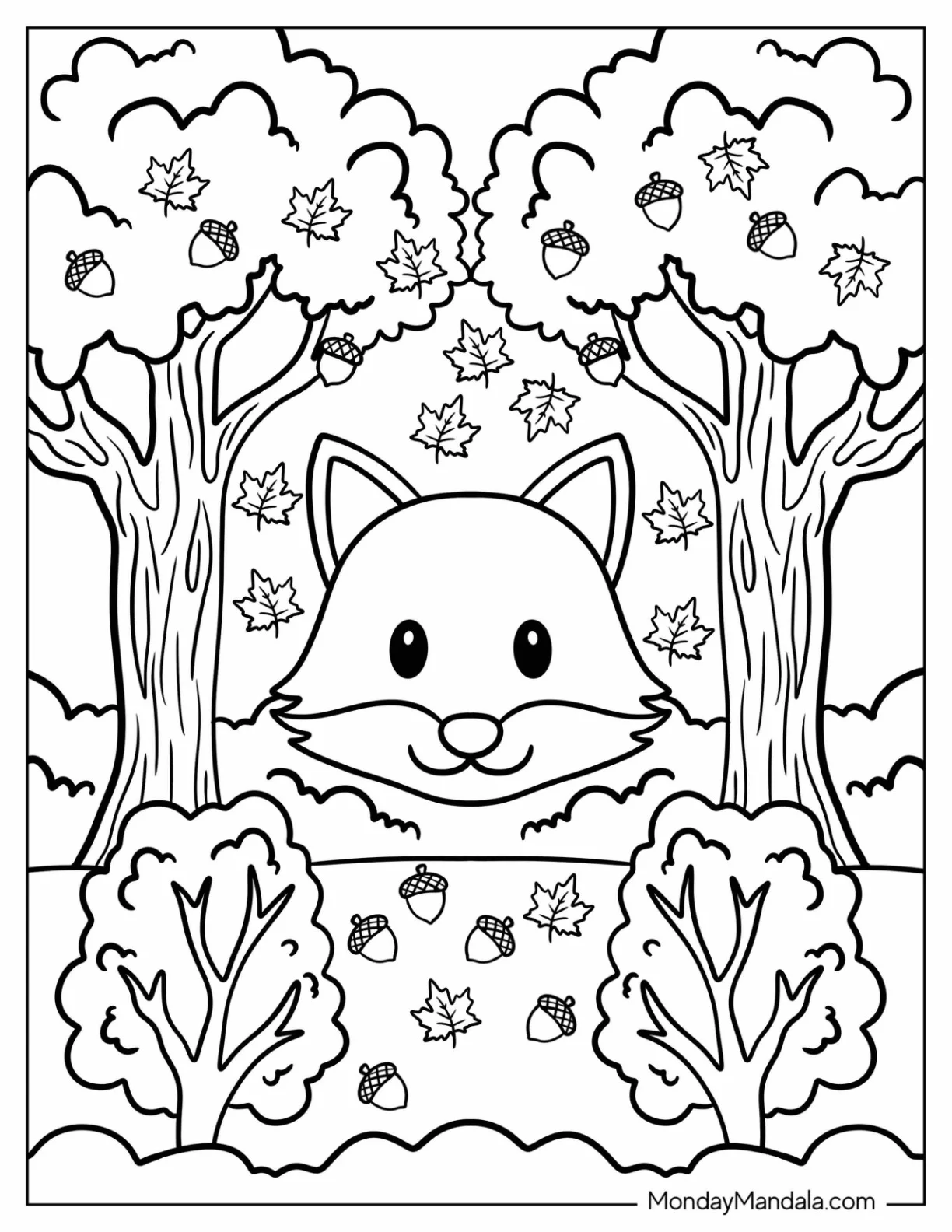 Fox Emoji Coloring Page in an Autumn Forest coloring page