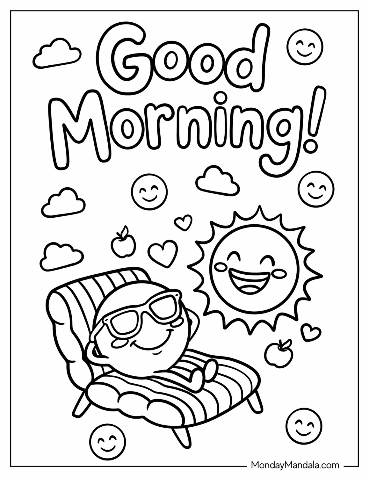 Good Morning Emoji Coloring Page Relaxing in a Lounge Chair for Kids coloring page — printable line art