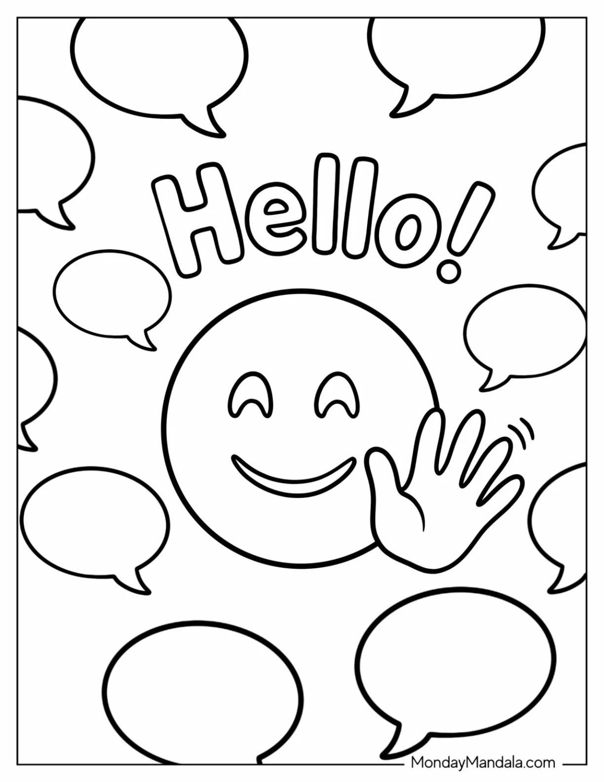 Hello Waving Emoji Coloring Page with Speech Bubbles coloring page — printable line art