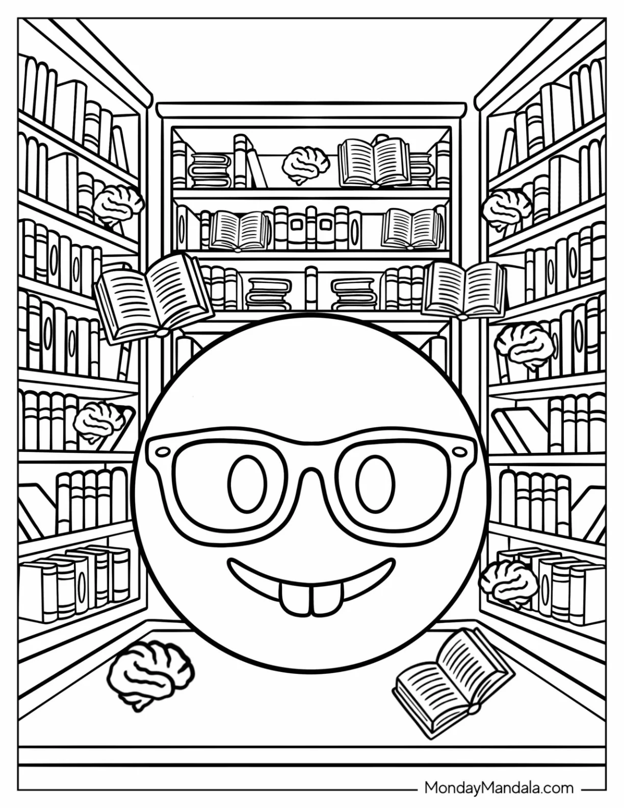 Nerd Emoji Coloring Page in a Library for Kids coloring page — printable line art