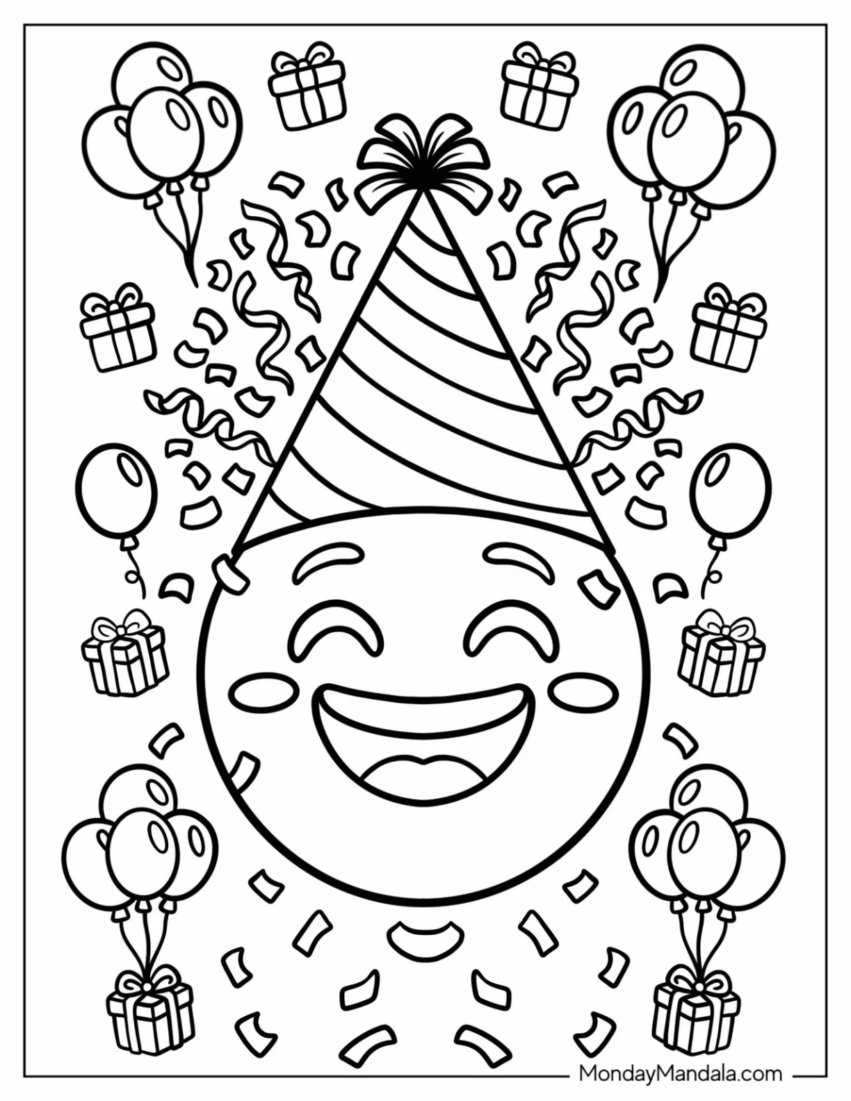 Party Face Emoji Coloring Page with Balloons and Gifts coloring page — printable line art