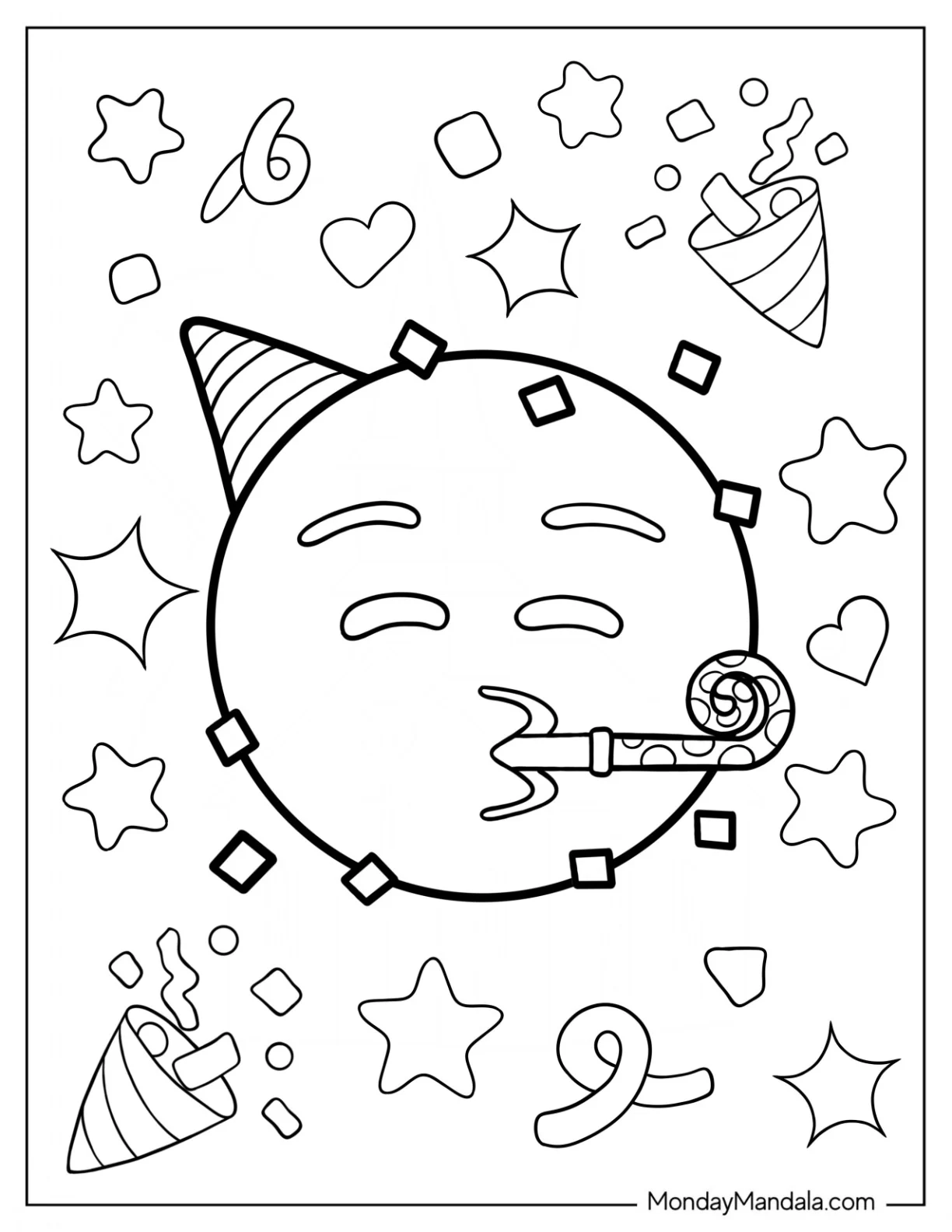 Partying Face Emoji Coloring Page coloring page — printable line art
