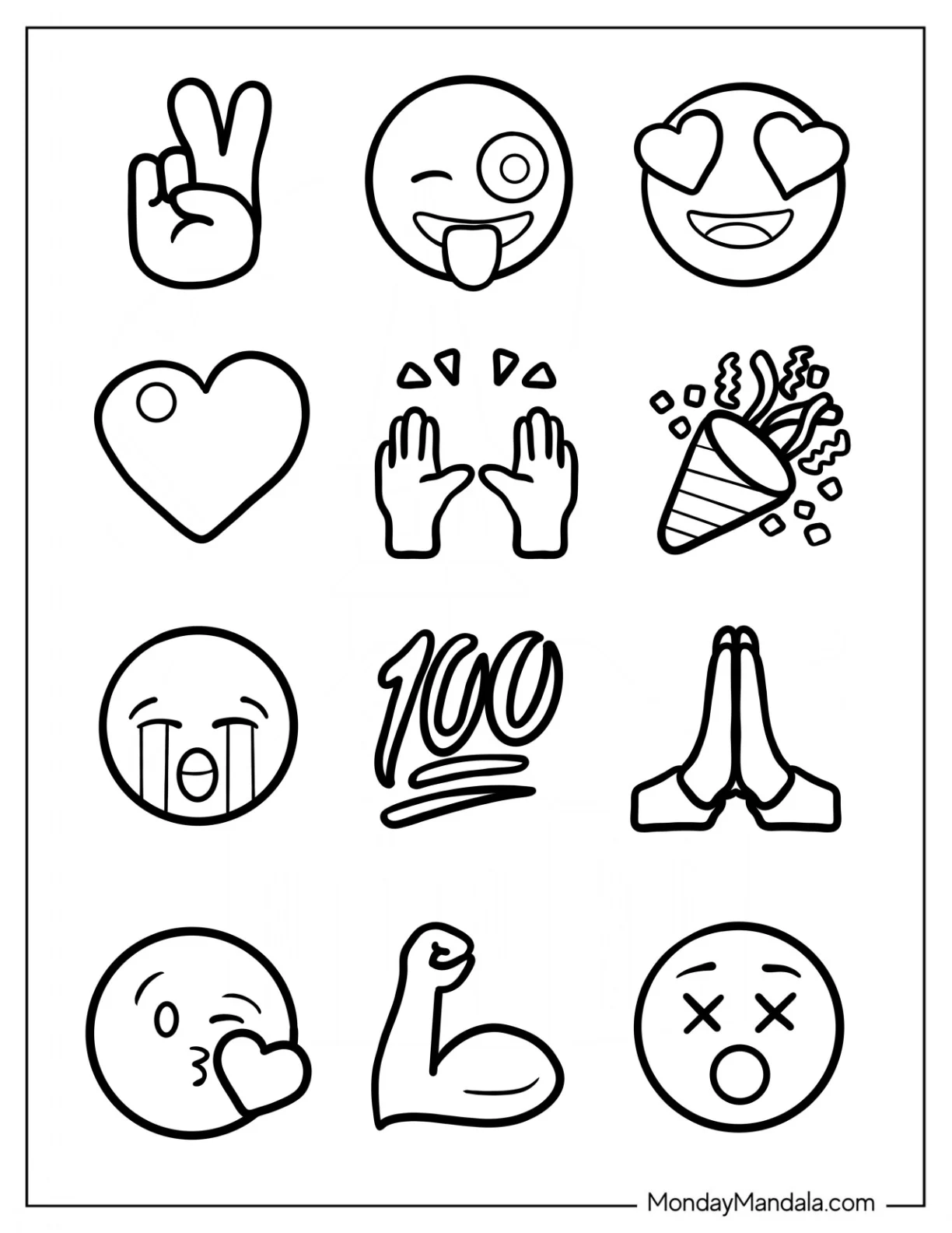 Peace Sign, Winking With Tongue, Heart Eyes, Heart, Raising Hands, Party Popper, Loudly Crying, Hundred Points, Folded Hands, Blow a Kiss, Flexed Biceps, Dizzy Face Emoji Coloring Page coloring page