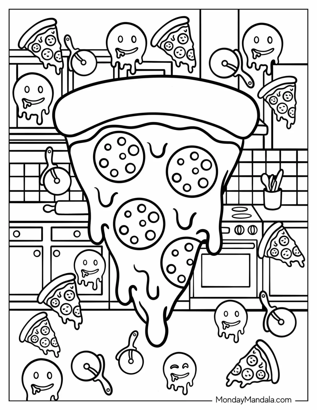 Pizza Emoji Coloring Page in a Kitchen coloring page