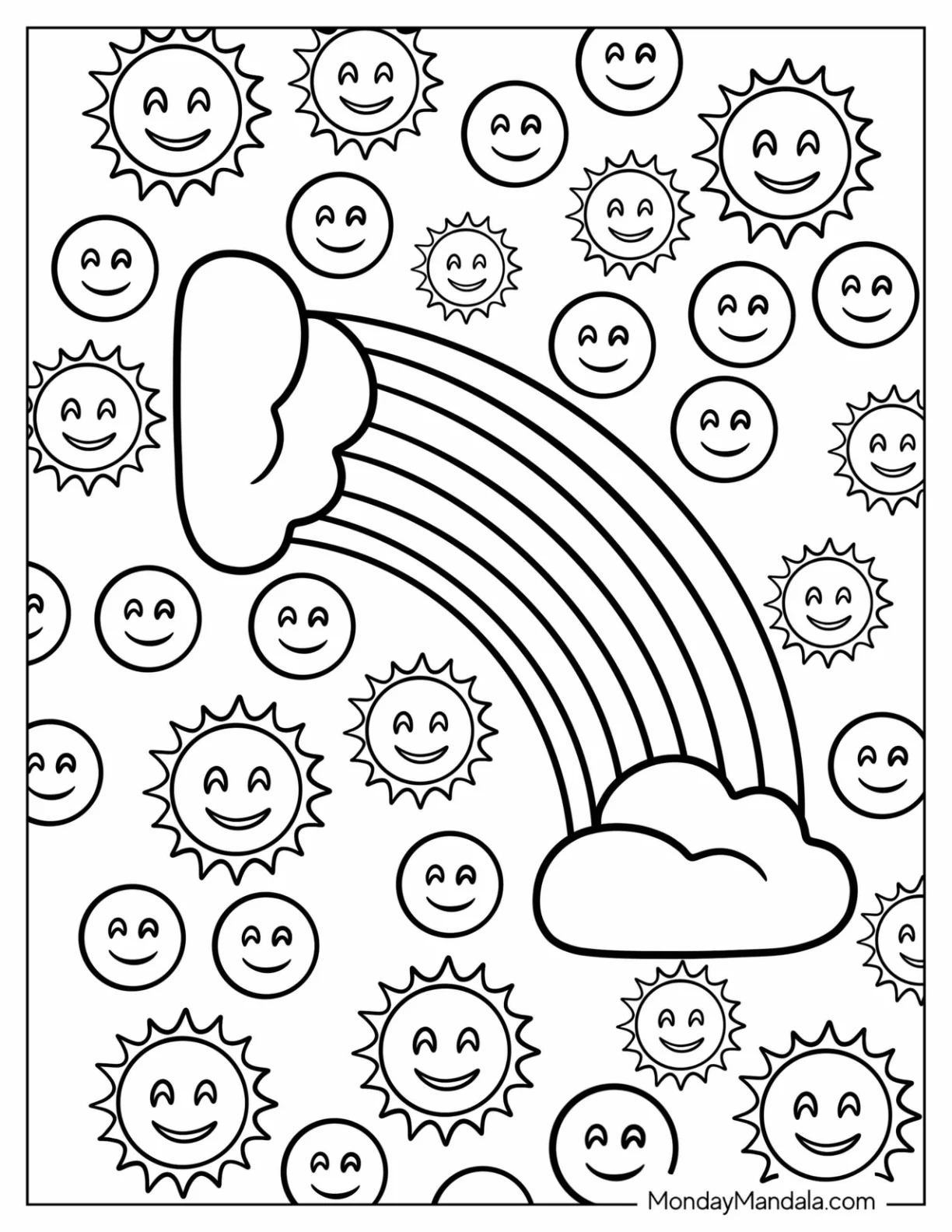Rainbow Emoji Coloring Page with Smiling Suns for Kids coloring page — printable line art
