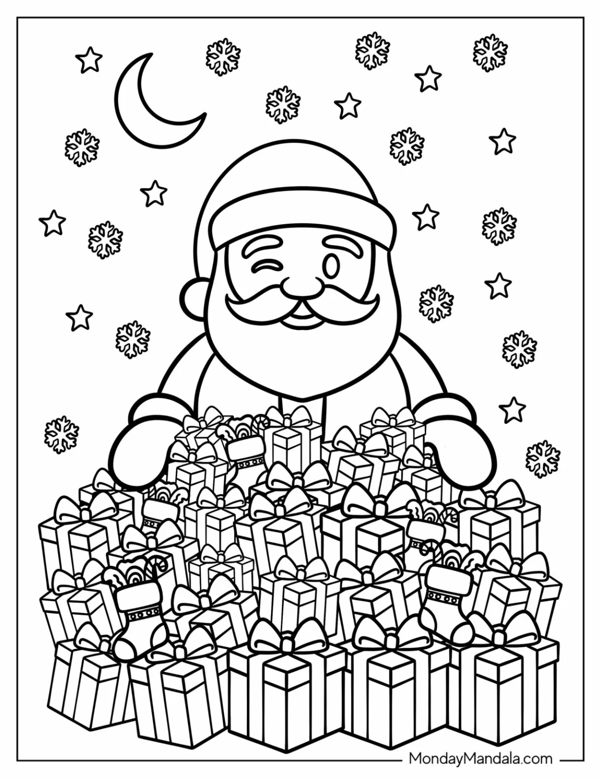 Santa Emoji Coloring Page with Christmas Presents coloring page — printable line art