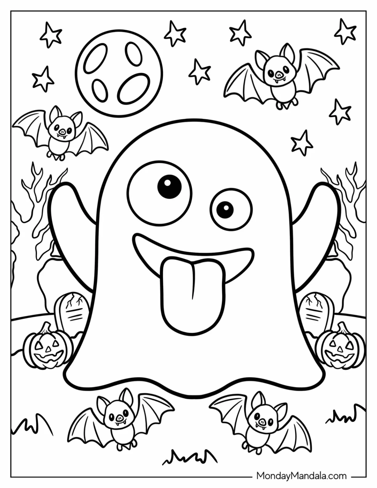 Silly Ghost Emoji Coloring Page in a Halloween Graveyard for Kids coloring page