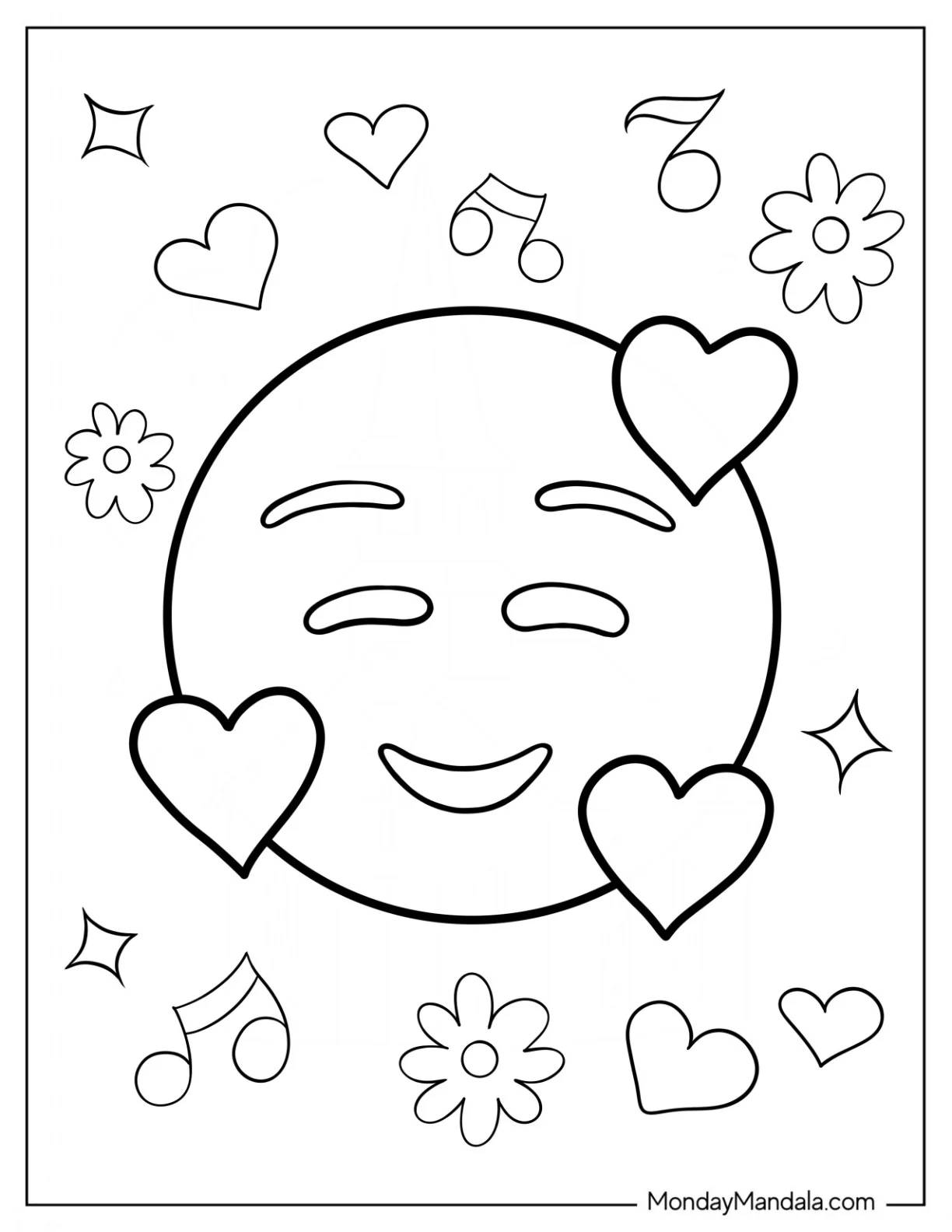 Smiling Face With Hearts Emoji Coloring Page For Preschoolers coloring page
