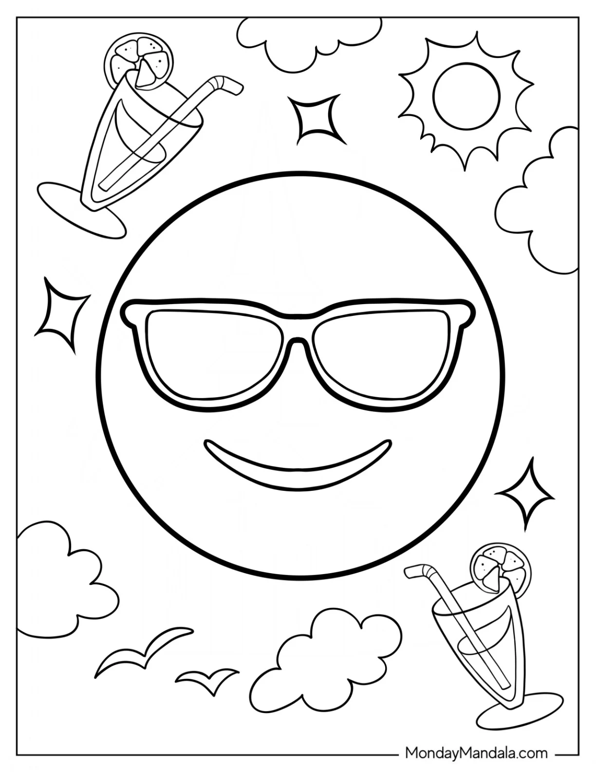 Smiling Face With Sunglasses Emoji Coloring Page For Kids coloring page