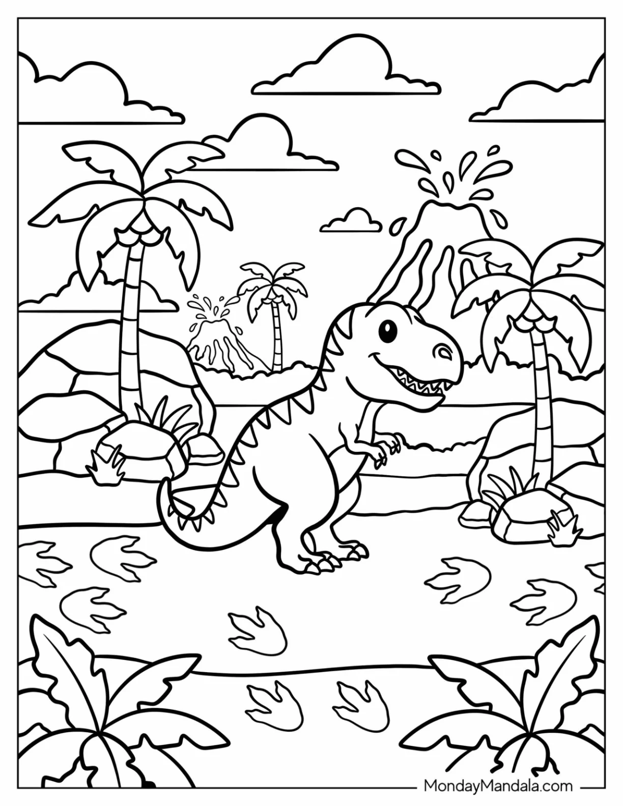 T Rex Emoji Coloring Page in a Prehistoric Jungle for Kids coloring page