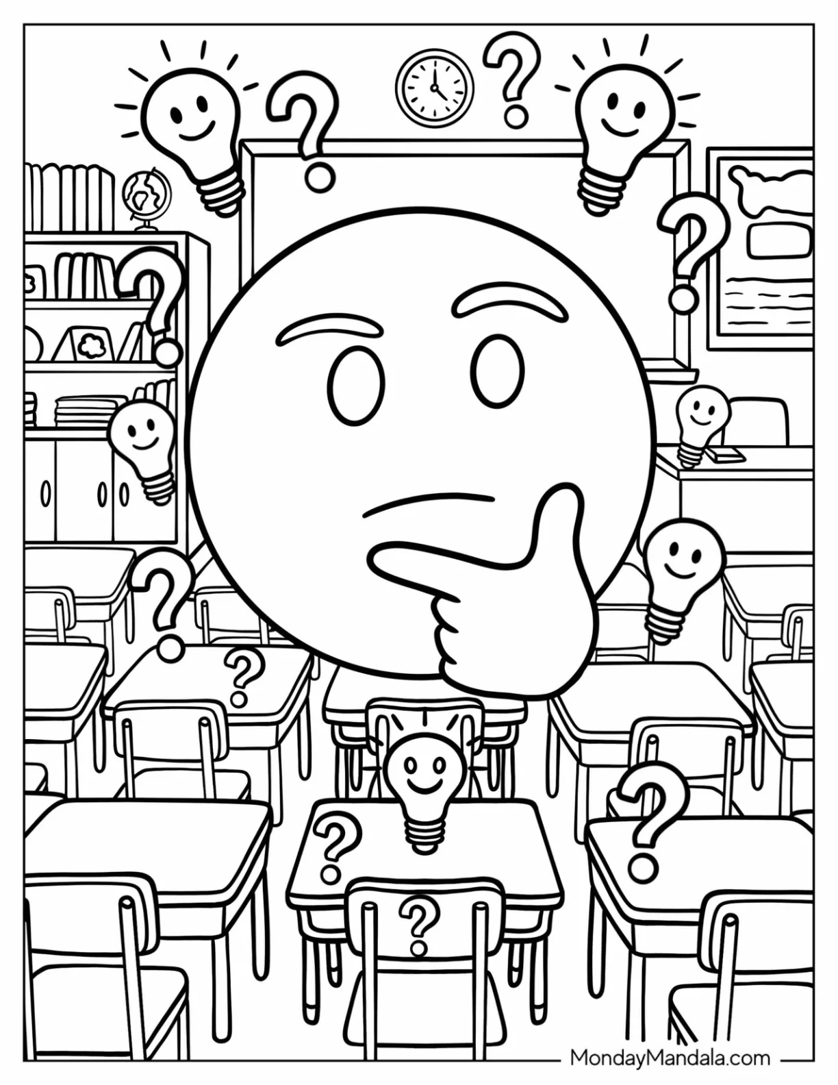 Thinking Emoji Coloring Page in a Classroom coloring page