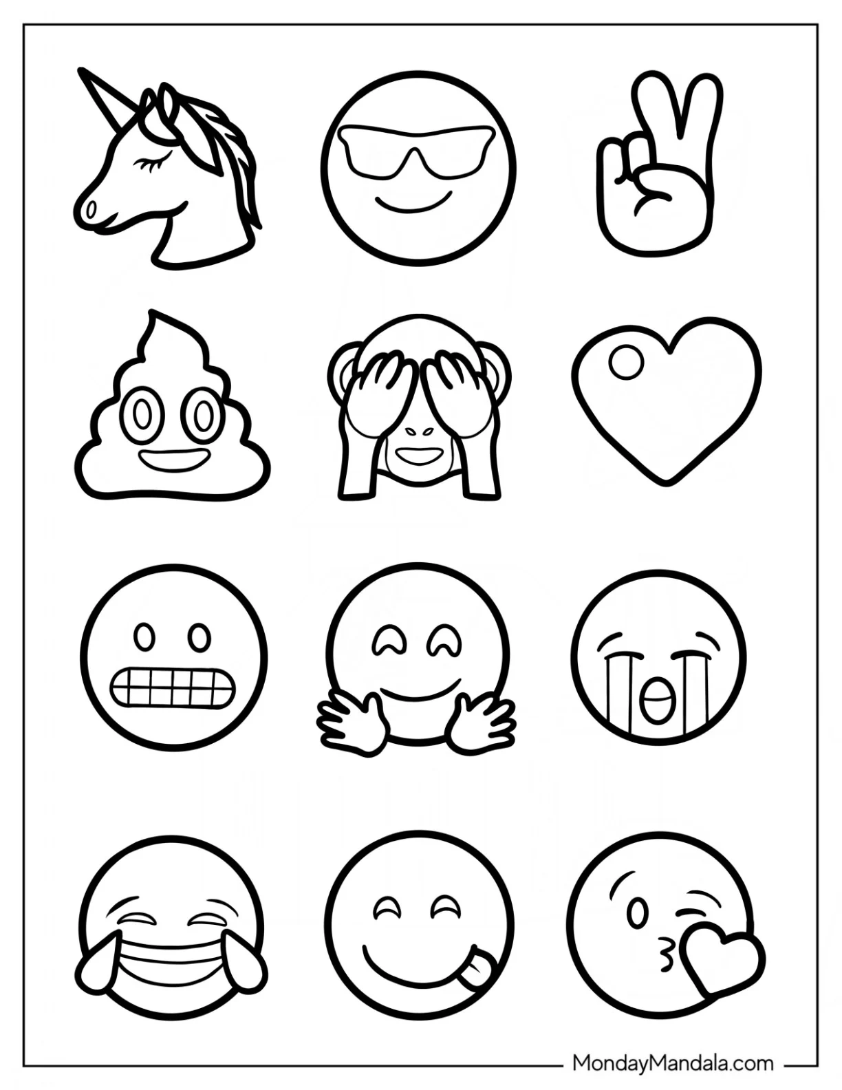 Unicorn, Sunglasses Emoji Coloring Page, Peace Sign, Poop, See No Evil, Heart, Grimacing, Smiling Eyes, Crying, Tears Of Joy, Savoring Food, And Blowing A Kiss Emoji coloring page — printable line art