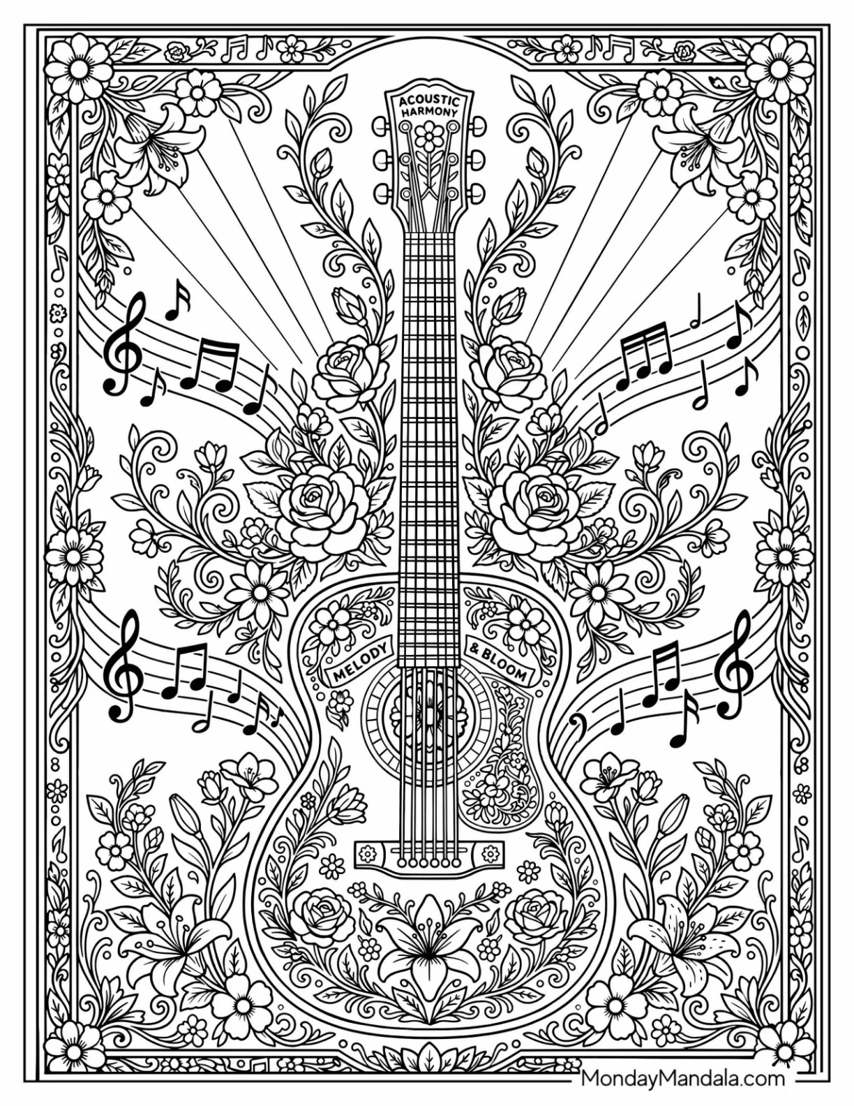 Acoustic Guitars with Flowers and Musical Notes Coloring Page coloring page — printable line art