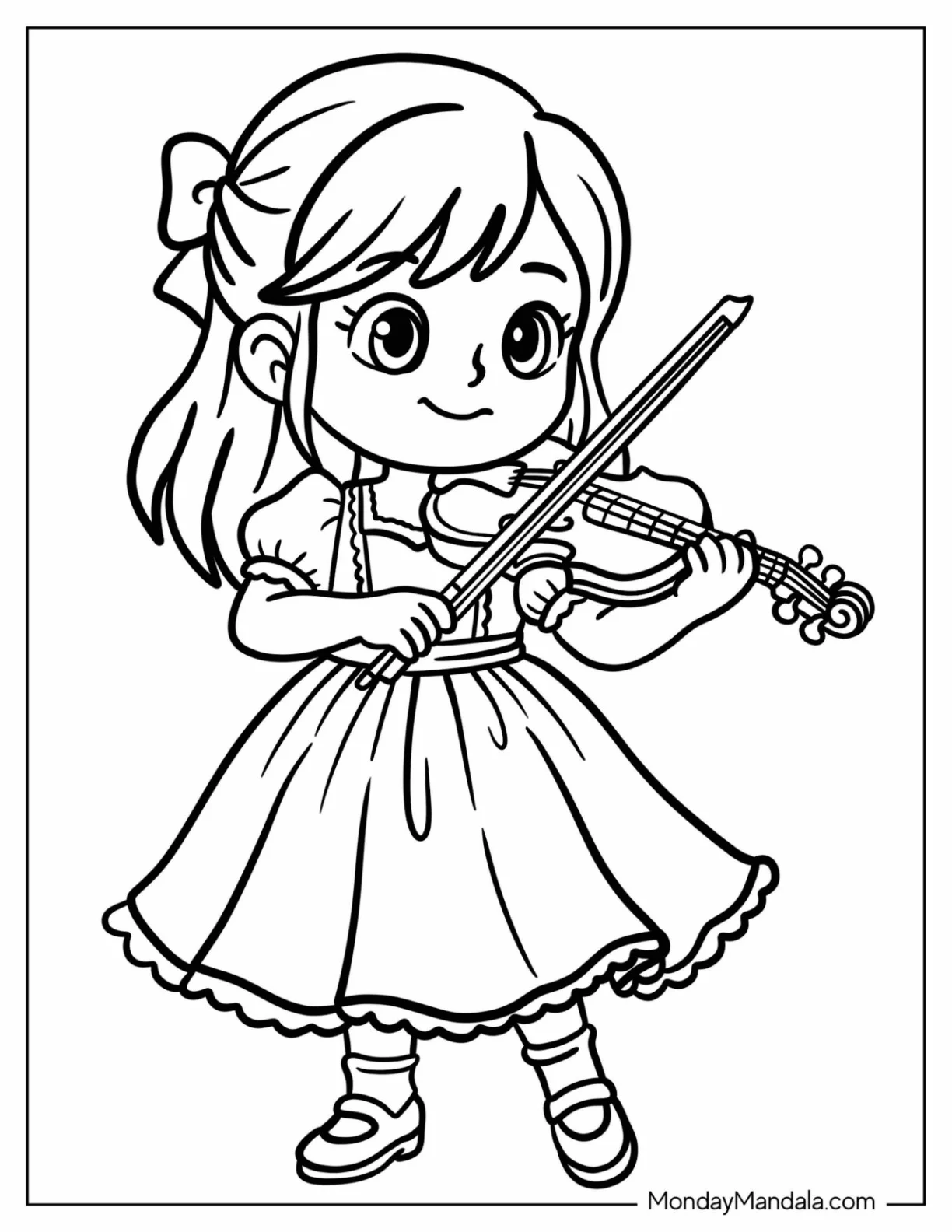 Cute Girl in a Dress Playing the Violin Coloring Page for Kids coloring page — printable line art
