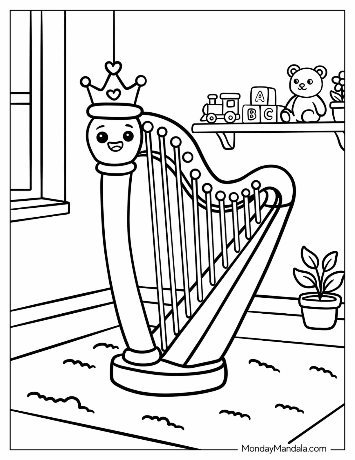 Cute Musical Harp with Crown and Toys Coloring Page for KLids coloring page — printable line art