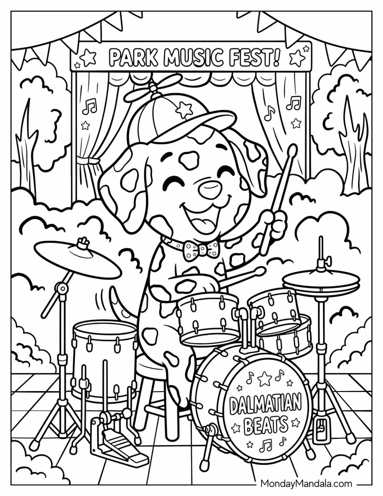 Dalmatian Playing Drums at a Park Music Festival Coloring Page coloring page — printable line art