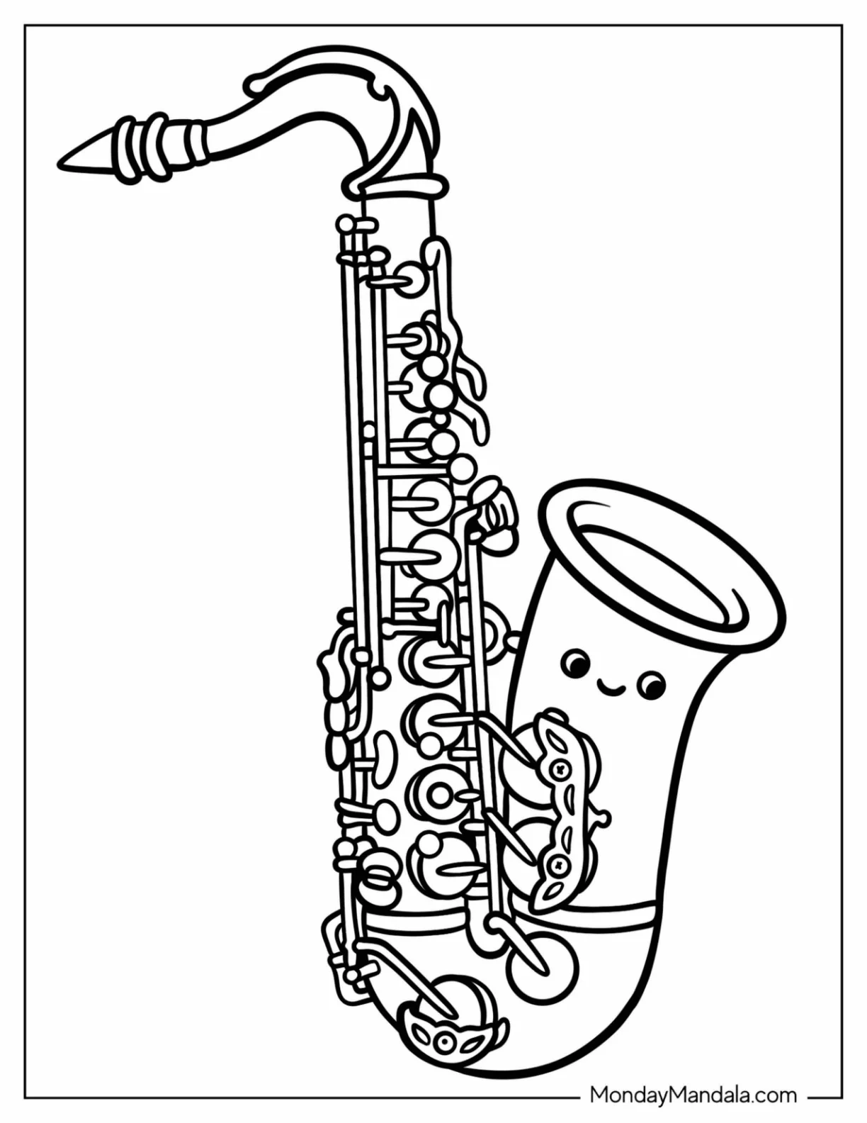 Detailed Cartoon Saxophone Coloring Page coloring page — printable line art