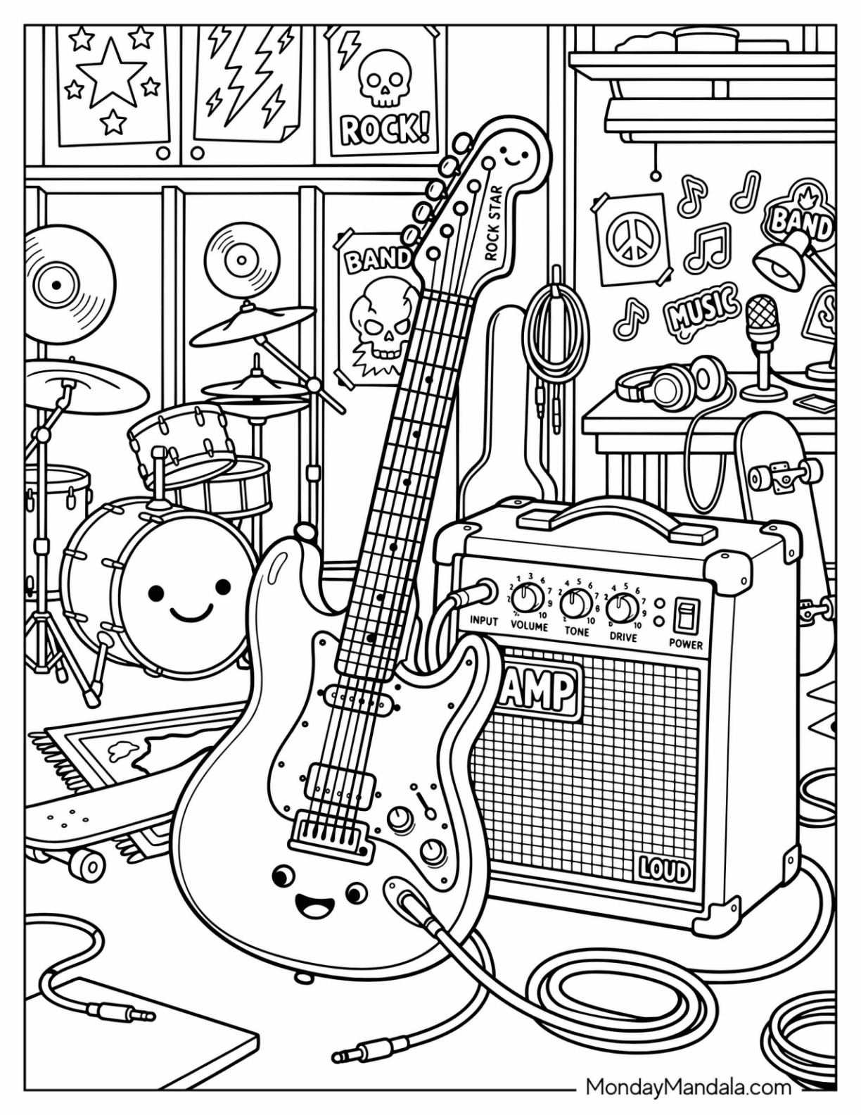 Electric Guitar with Amp and Drum Set Coloring Page coloring page — printable line art