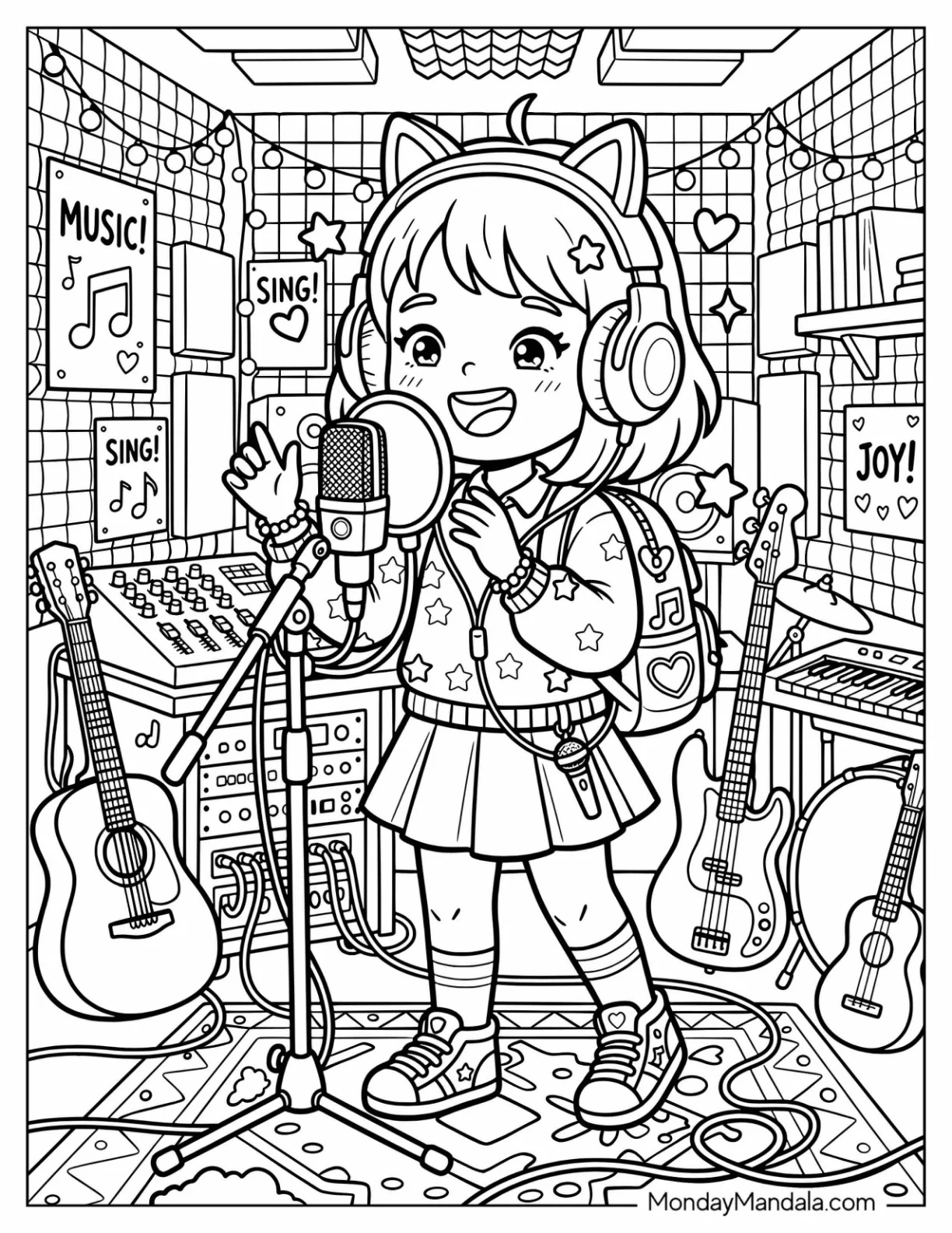 Girl Singing in a Recording Studio with Headphones and Microphone Coloring Page coloring page