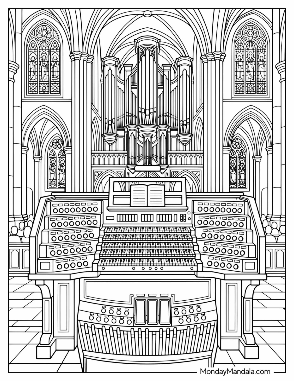 Grand Cathedral Pipe Organ Coloring Page coloring page — printable line art