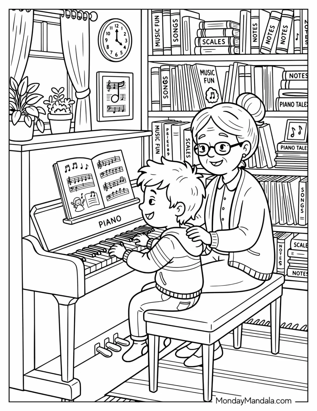 Grandmother Teaching a Child to Play Piano Music Coloring Page coloring page