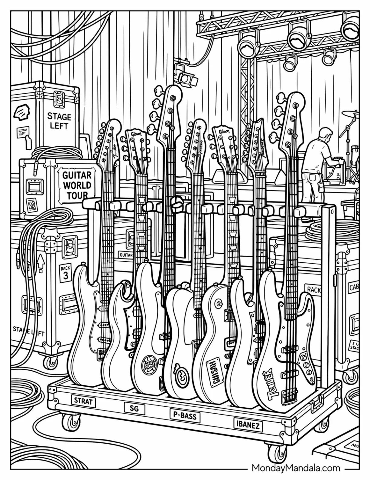 Guitar Stand with Multiple Electric Guitars Coloring Page coloring page — printable line art