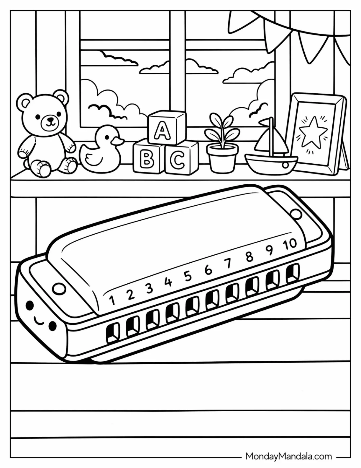 Harmonica with Teddy Bear and Musical Toys Coloring Page coloring page — printable line art
