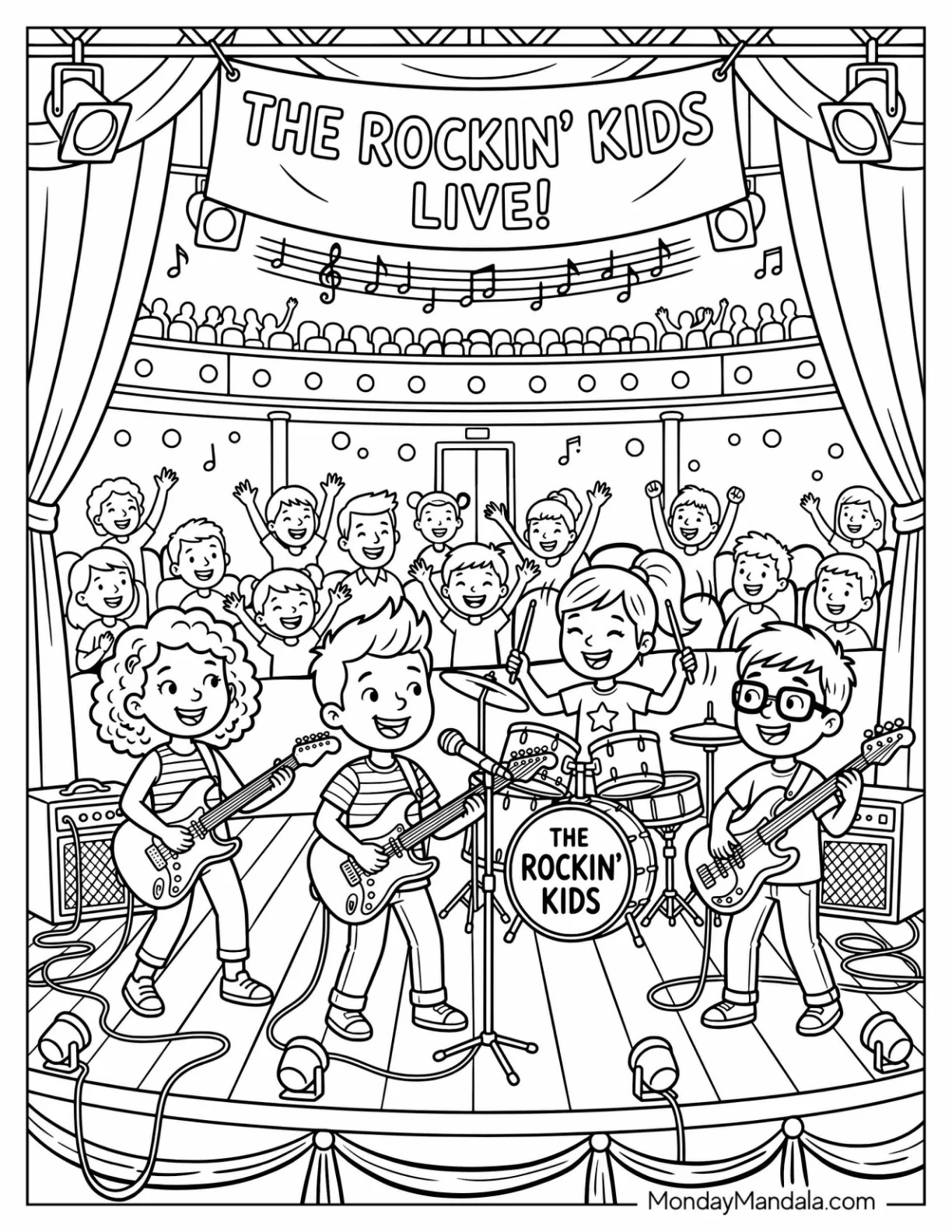 Kids Rock Band Performing Live on Stage Coloring Page coloring page