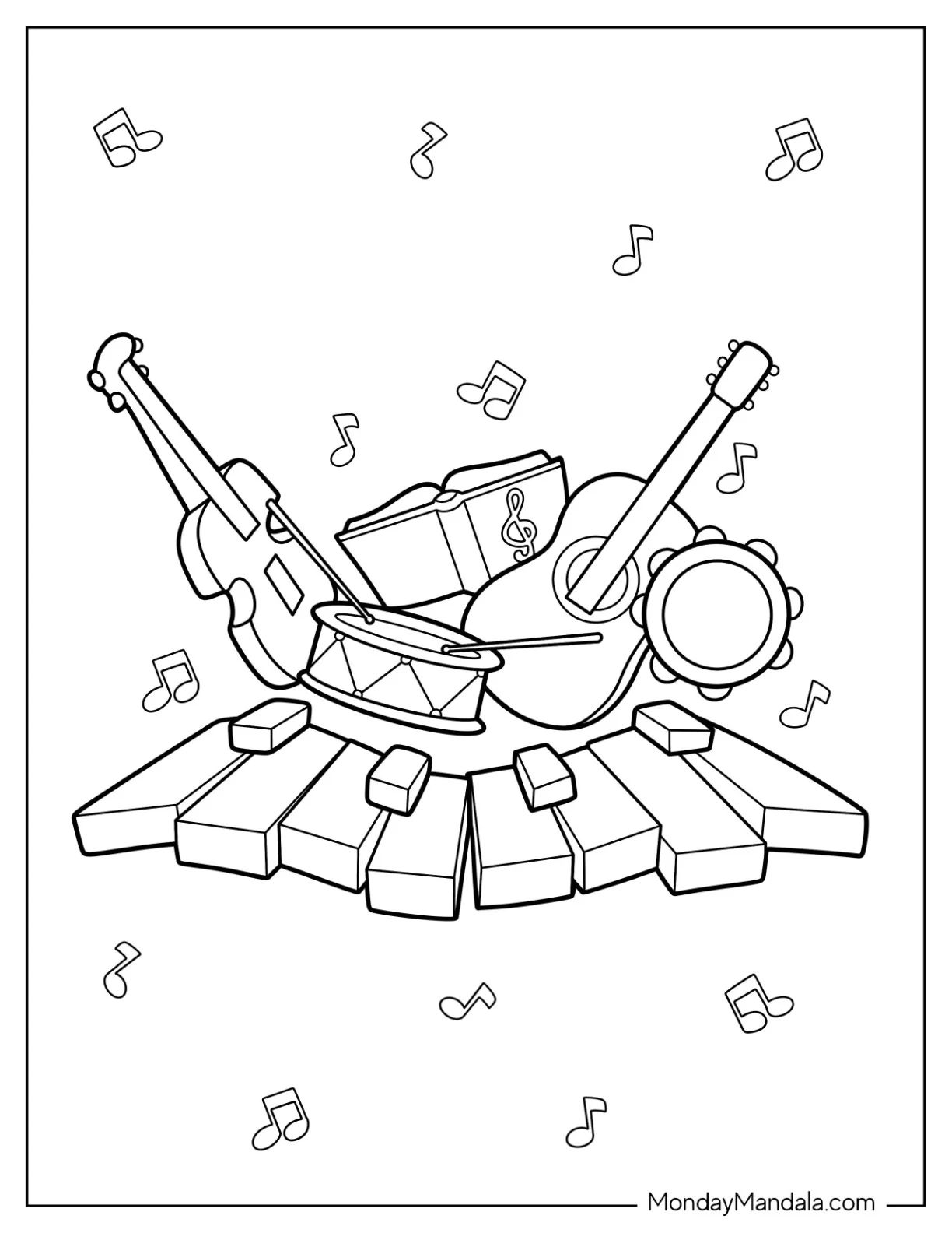 Music Coloring Page Of Drum, Guitar, Violin, Tambourine, And Piano coloring page — printable line art