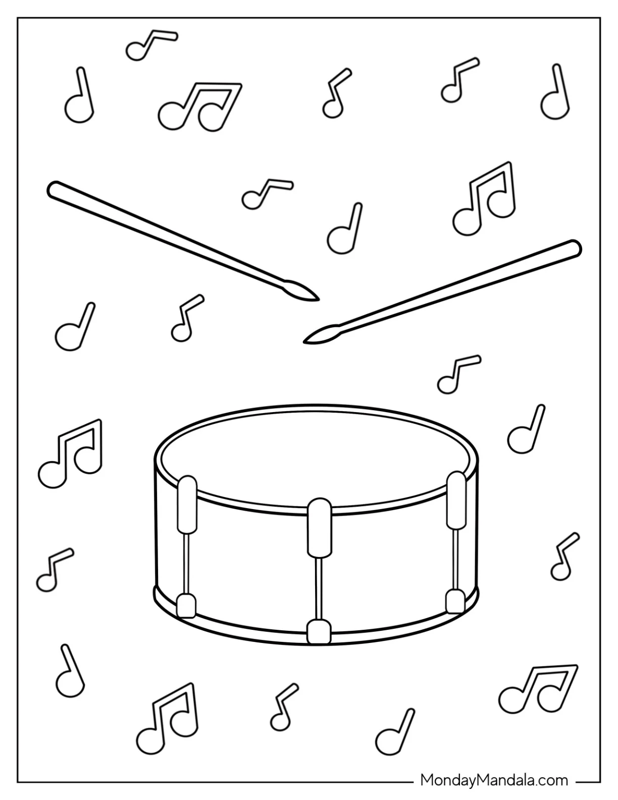 Music Coloring Page Of Drum With Drumsticks For Preschoolers coloring page — printable line art