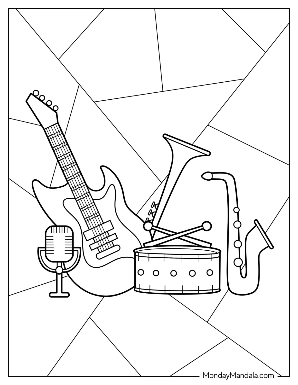 Music Coloring Page Of Electric Guitar, Drum, Trumpet, Saxophone, And Microphone coloring page — printable line art