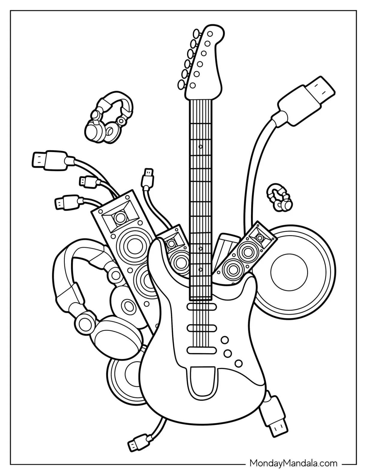 Music Coloring Page Of Electric Guitar With Speakers, Amplifiers, Headphones, And Cables coloring page