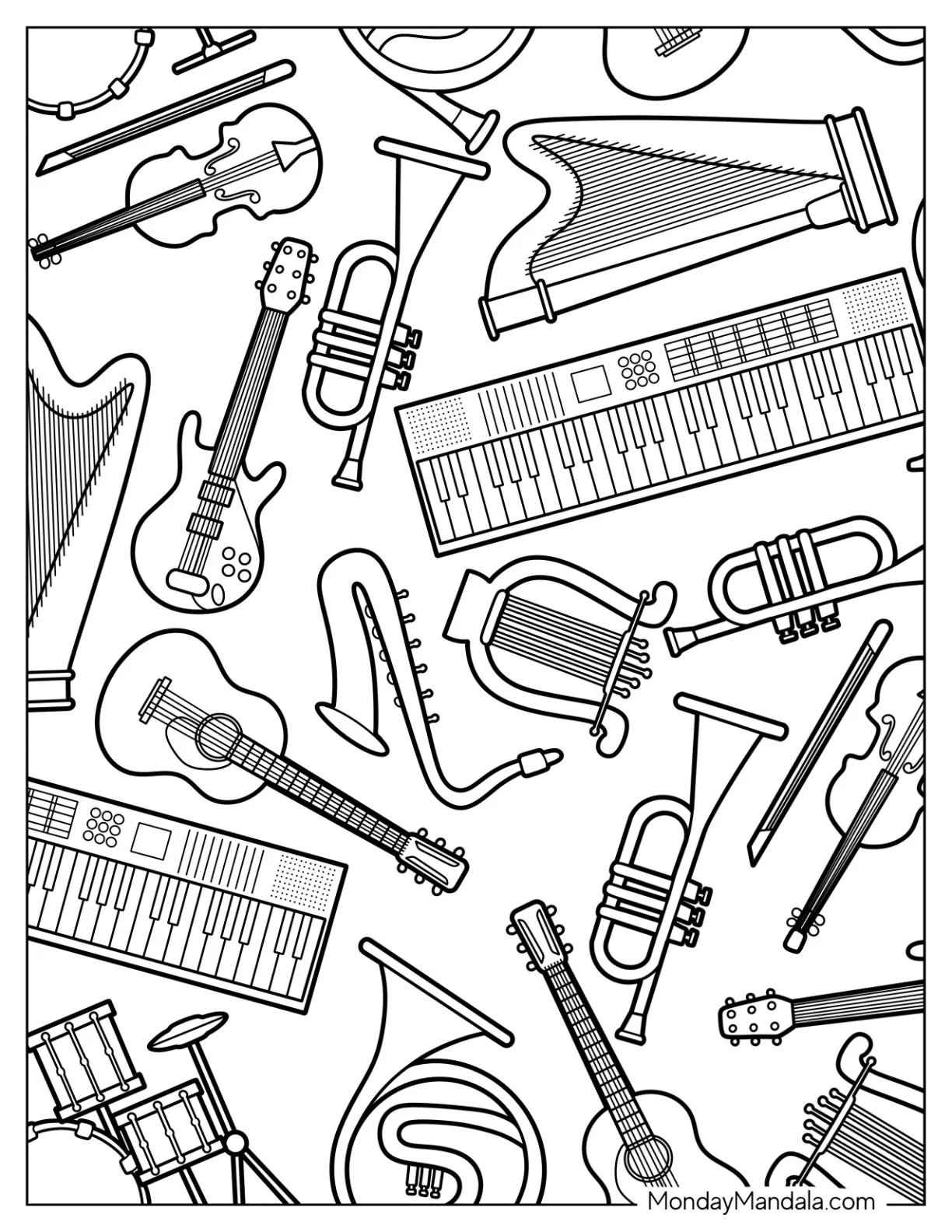 Music Coloring Page Of Organ, Electric Guitar, Trumpet, Violin, Harp, And Saxophone coloring page