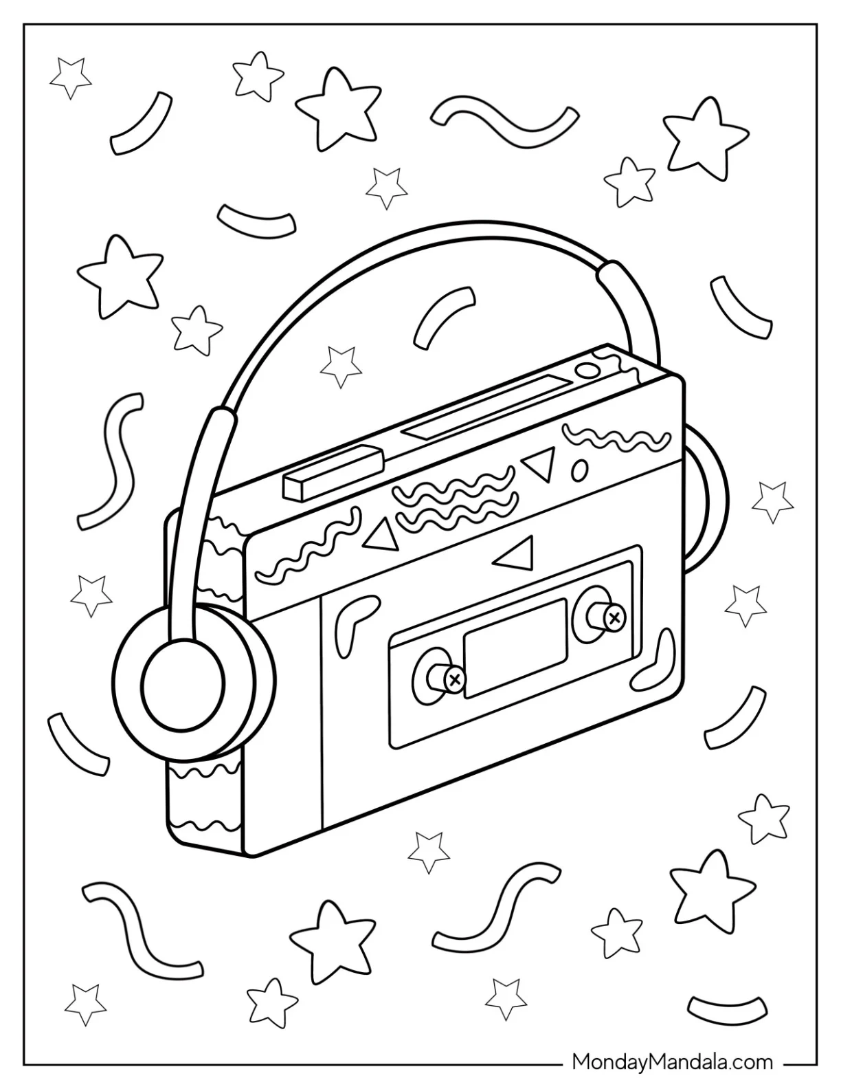 Music Coloring Page Of Retro Cassette Tape With Headphones coloring page
