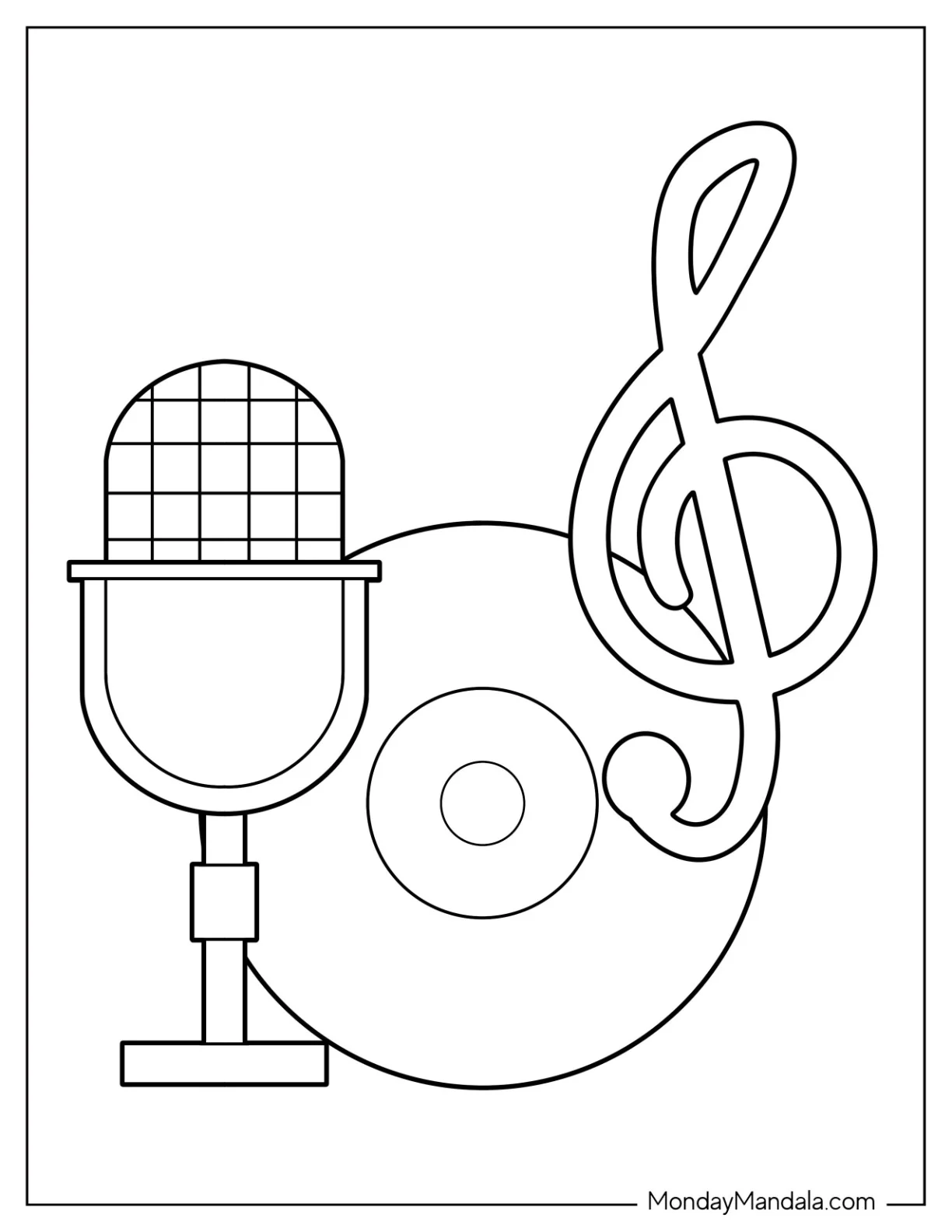 Music Coloring Page Of Retro Microphone, CD, And Musical Note For Preschoolers coloring page — printable line art