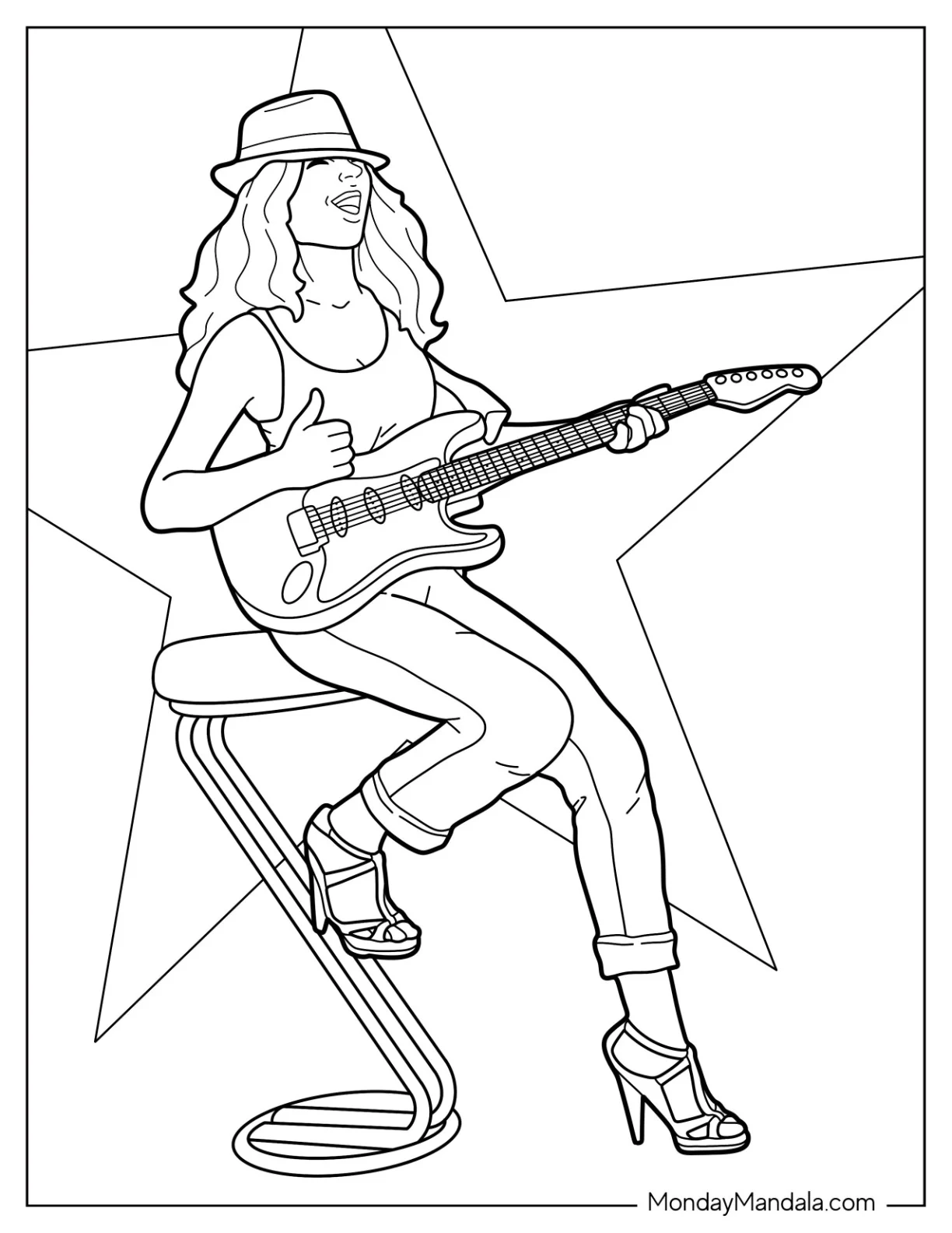 Music Coloring Page Of Woman In Hat Playing Electric Guitar coloring page — printable line art