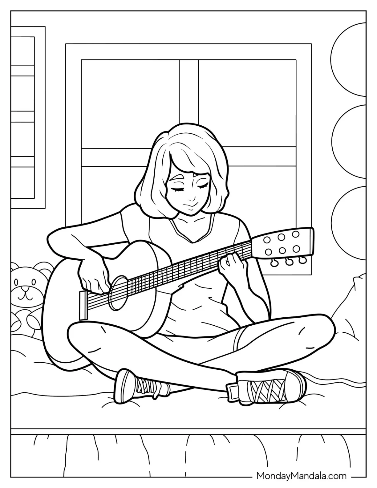Music Coloring Page Of Woman Playing Acoustic Guitar On Bed coloring page