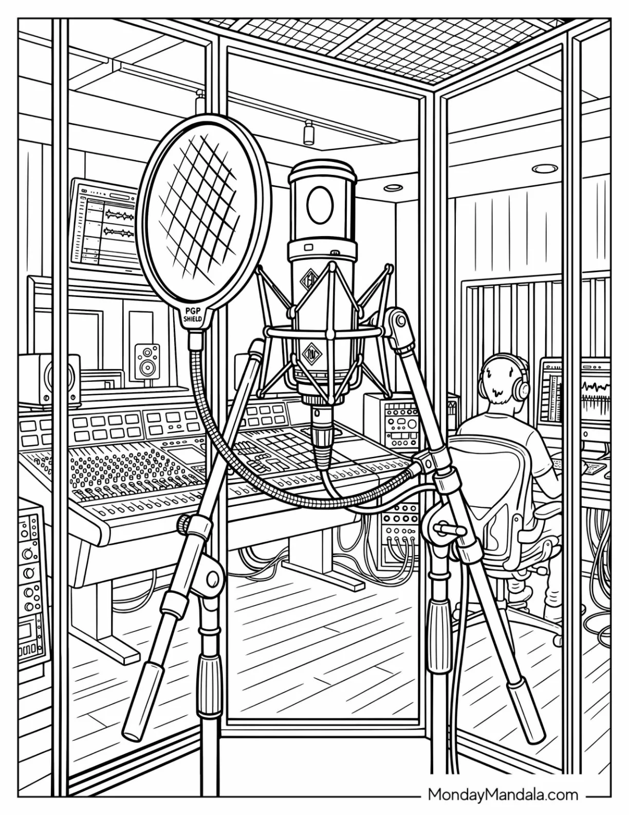 Music Recording Studio with Microphone and Audio Equipment Coloring Page coloring page